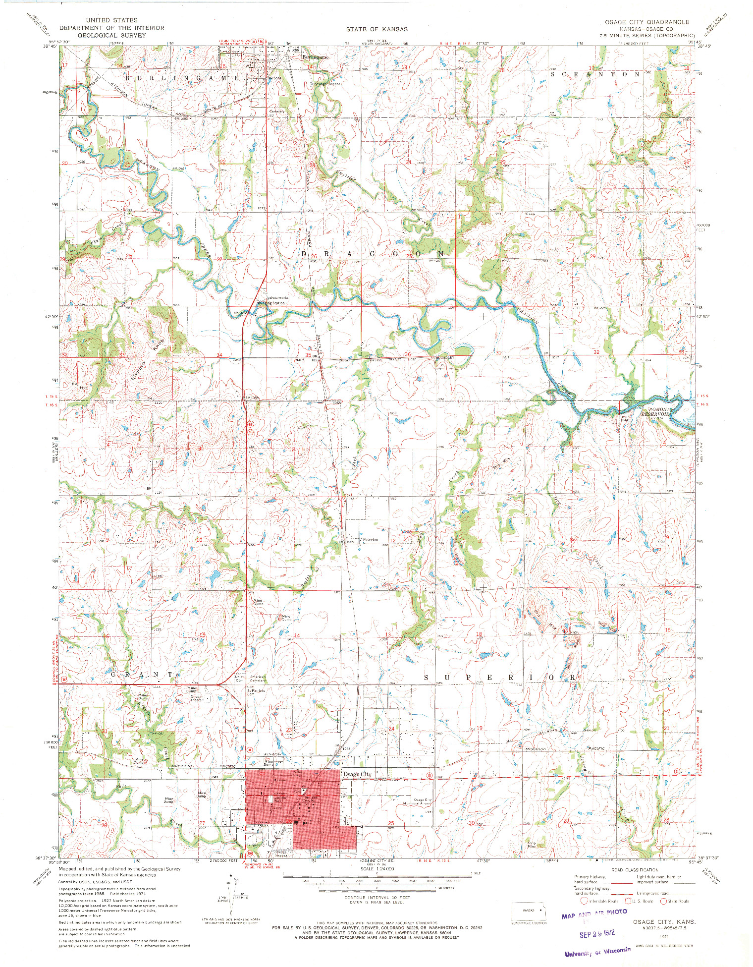 USGS 1:24000-SCALE QUADRANGLE FOR OSAGE CITY, KS 1971