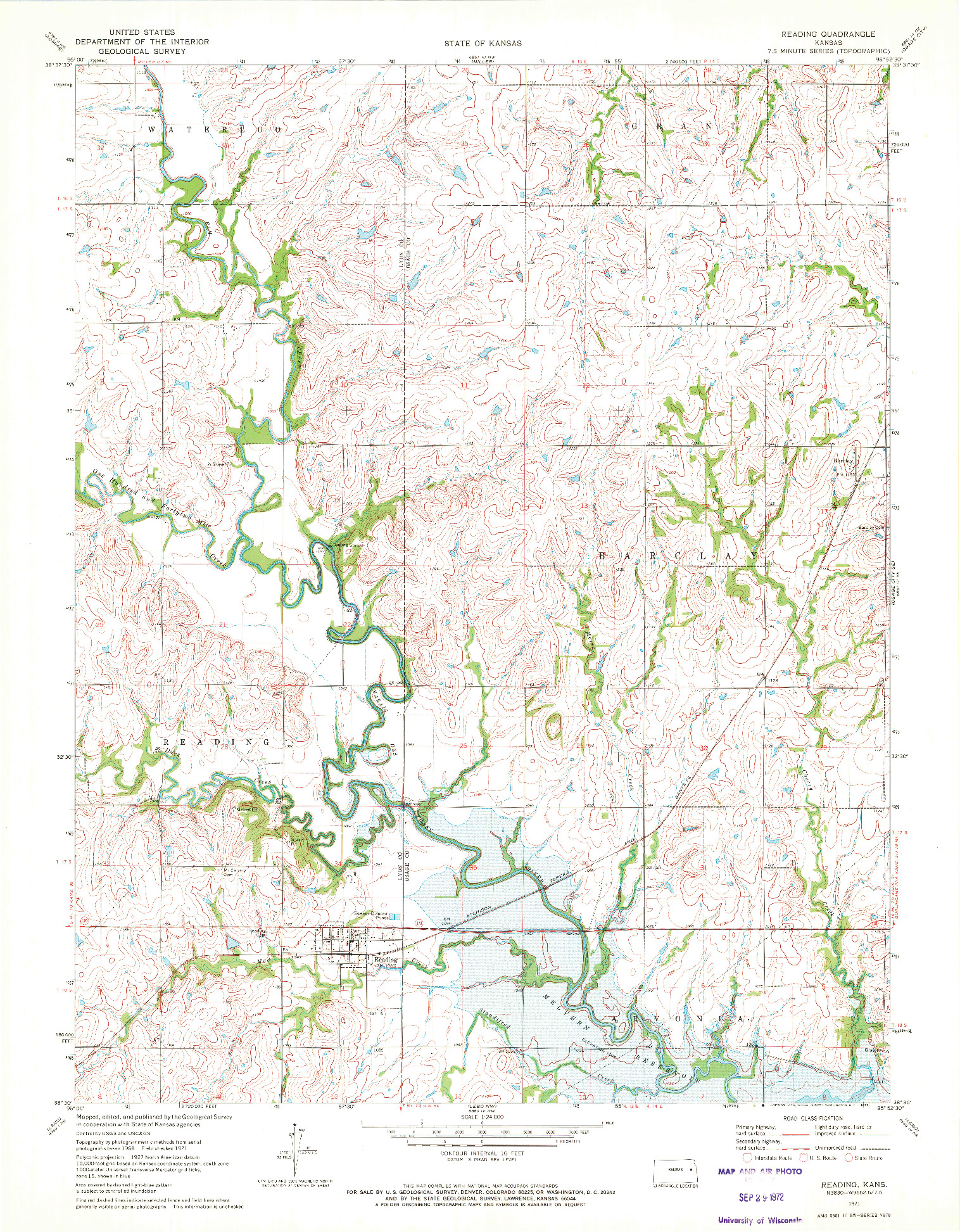 USGS 1:24000-SCALE QUADRANGLE FOR READING, KS 1971