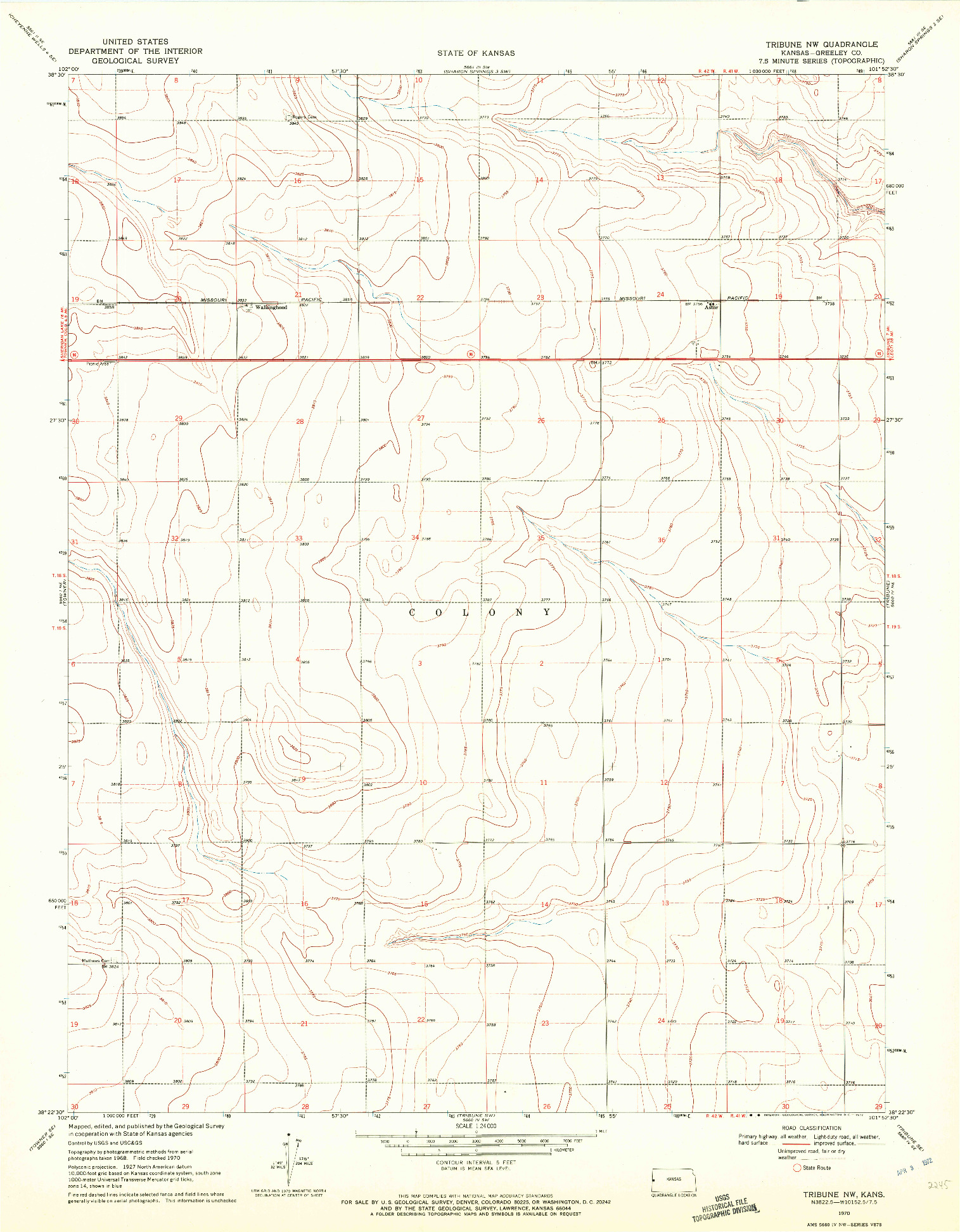USGS 1:24000-SCALE QUADRANGLE FOR TRIBUNE NW, KS 1970
