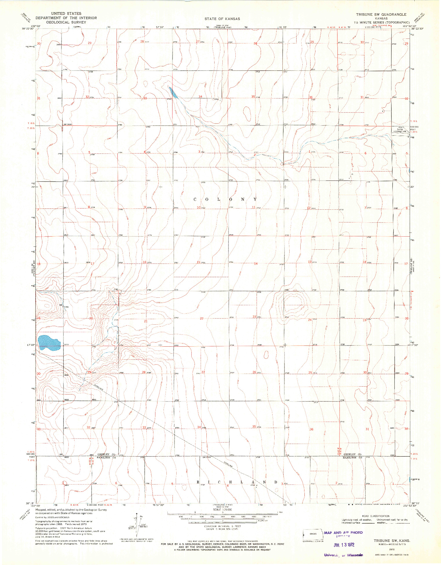 USGS 1:24000-SCALE QUADRANGLE FOR TRIBUNE SW, KS 1970
