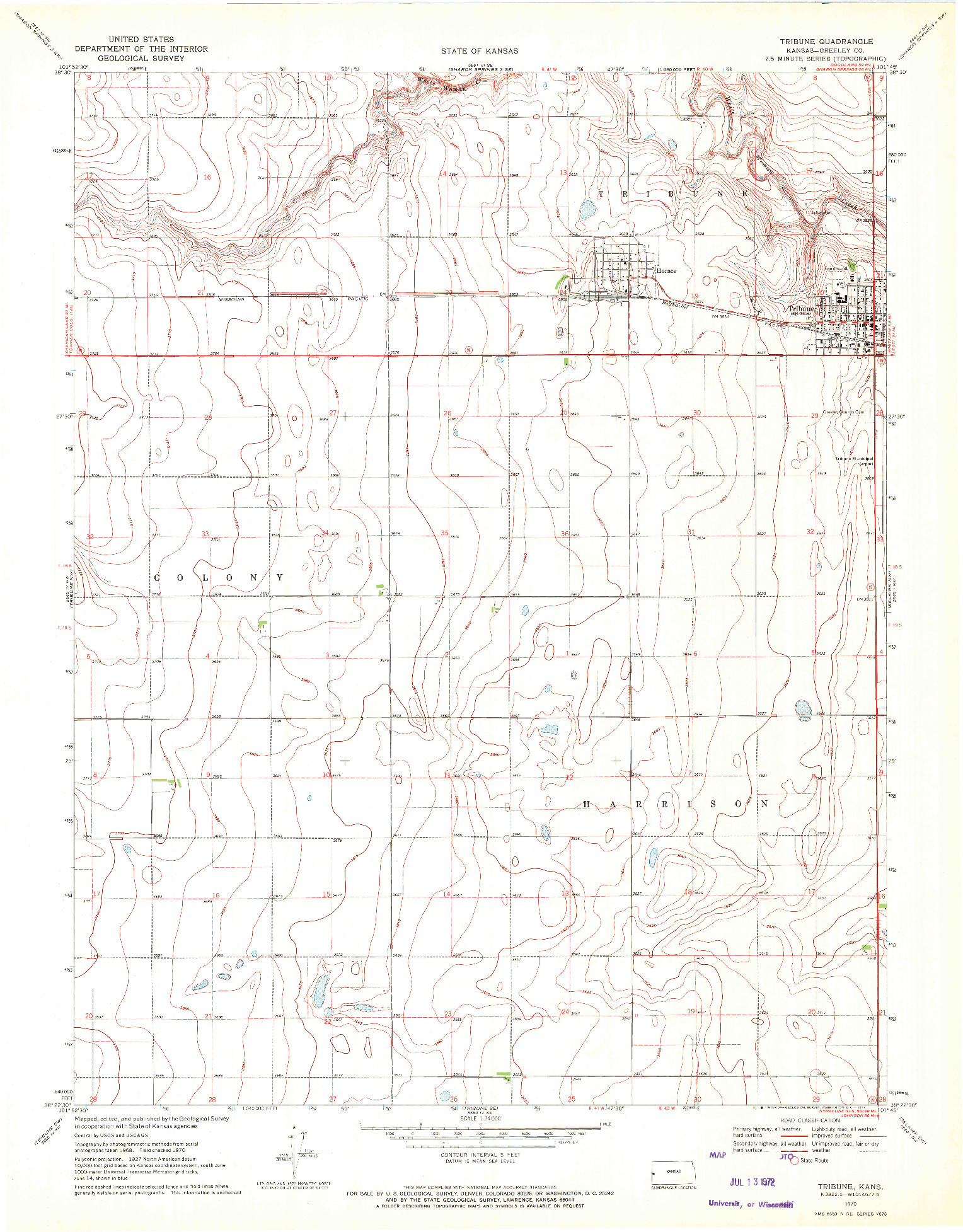 USGS 1:24000-SCALE QUADRANGLE FOR TRIBUNE, KS 1970