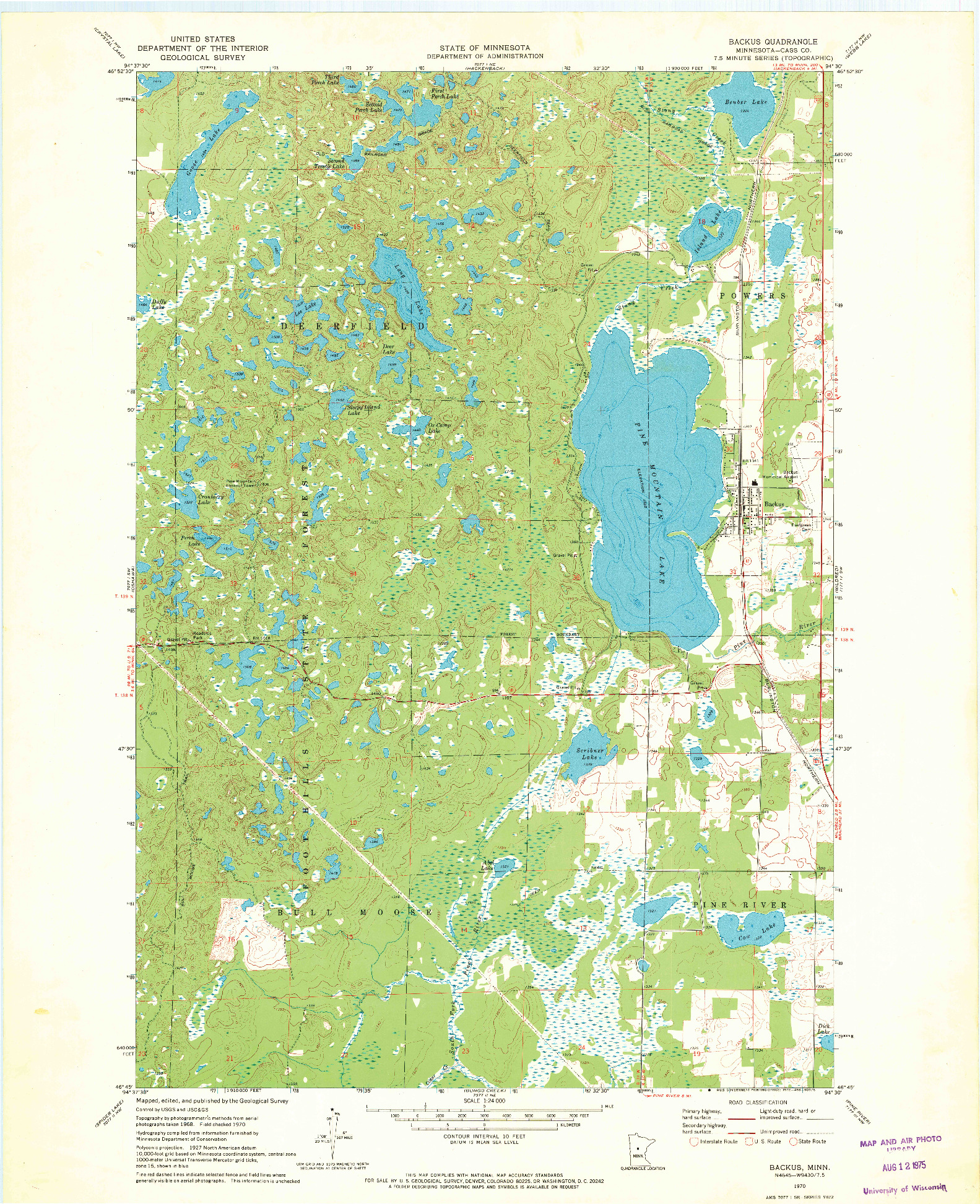 USGS 1:24000-SCALE QUADRANGLE FOR BACKUS, MN 1970