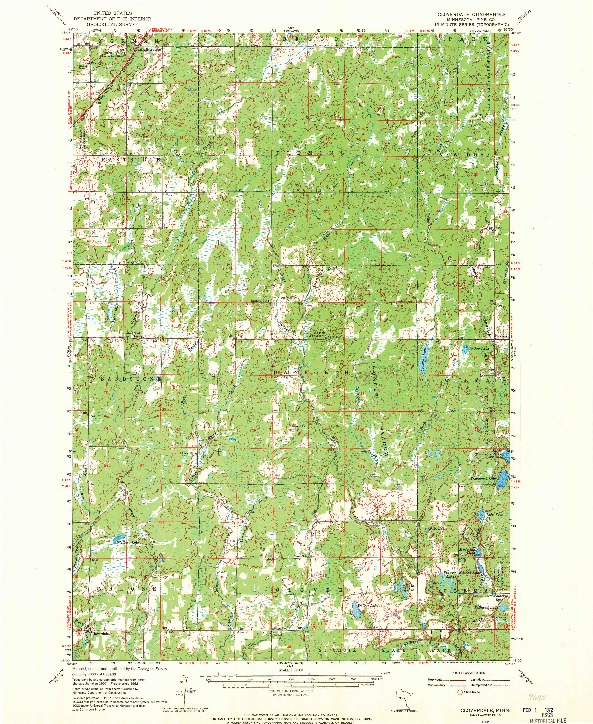 USGS 1:62500-SCALE QUADRANGLE FOR CLOVERDALE, MN 1962