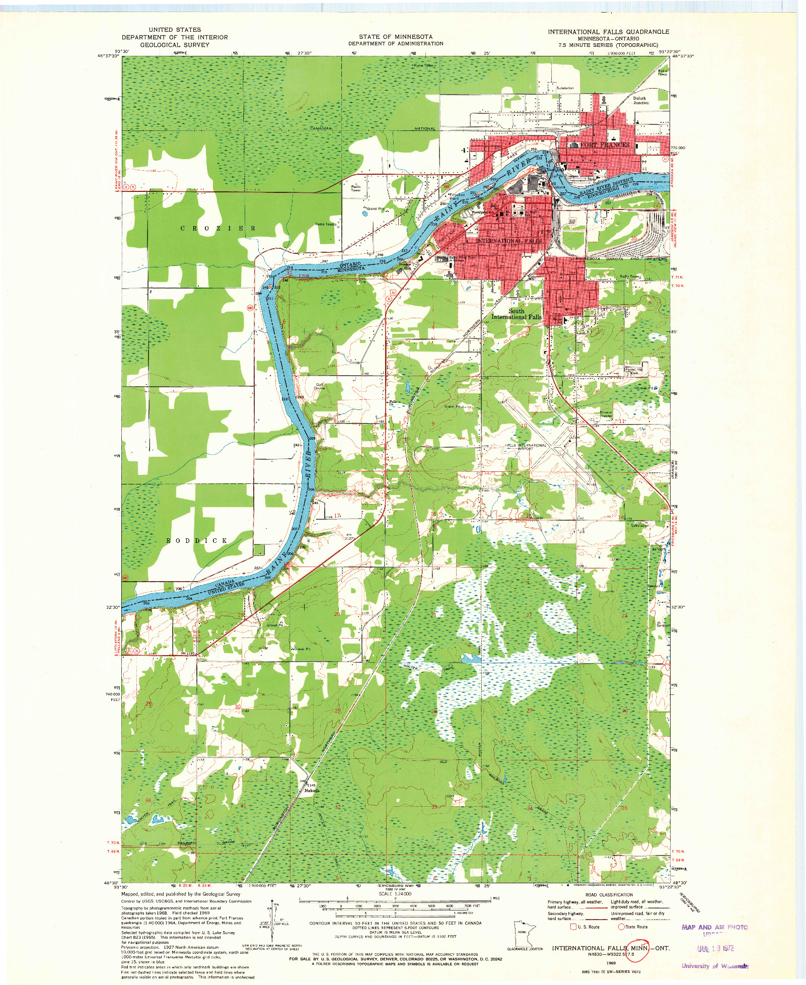 USGS 1:24000-SCALE QUADRANGLE FOR INTERNATIONAL FALLS, MN 1969