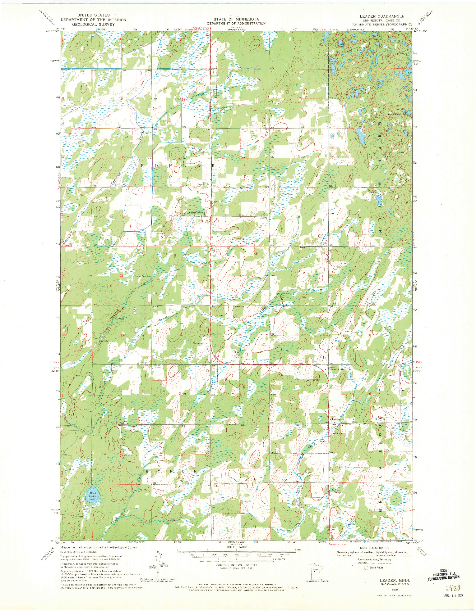 USGS 1:24000-SCALE QUADRANGLE FOR LEADER, MN 1970