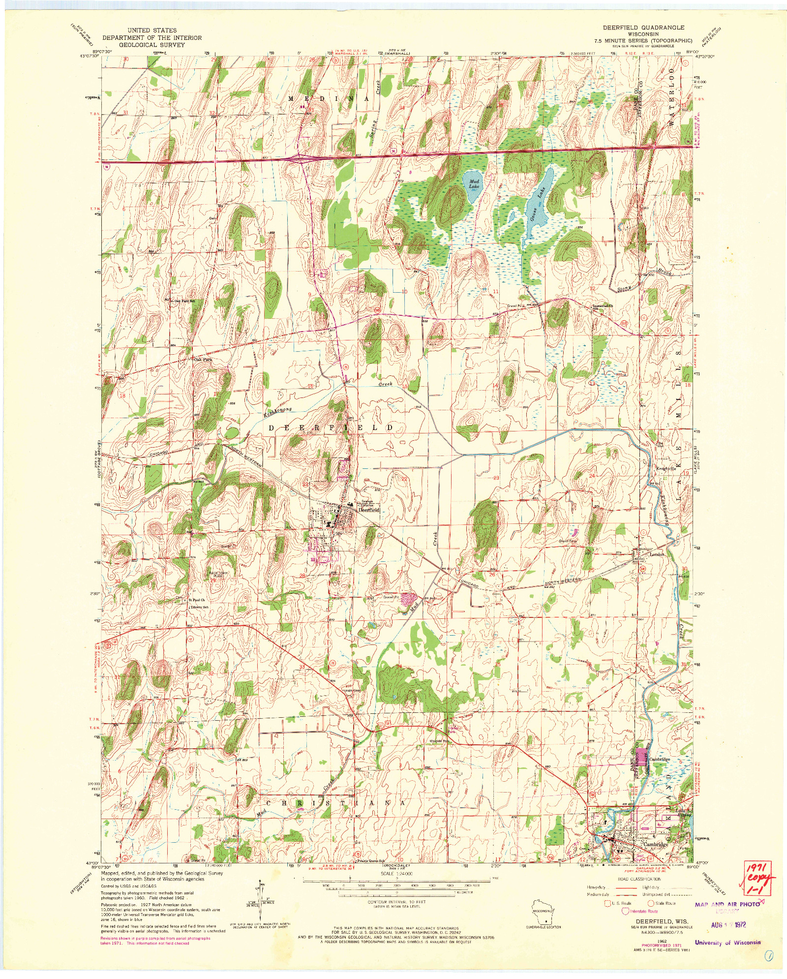USGS 1:24000-SCALE QUADRANGLE FOR DEERFIELD, WI 1962