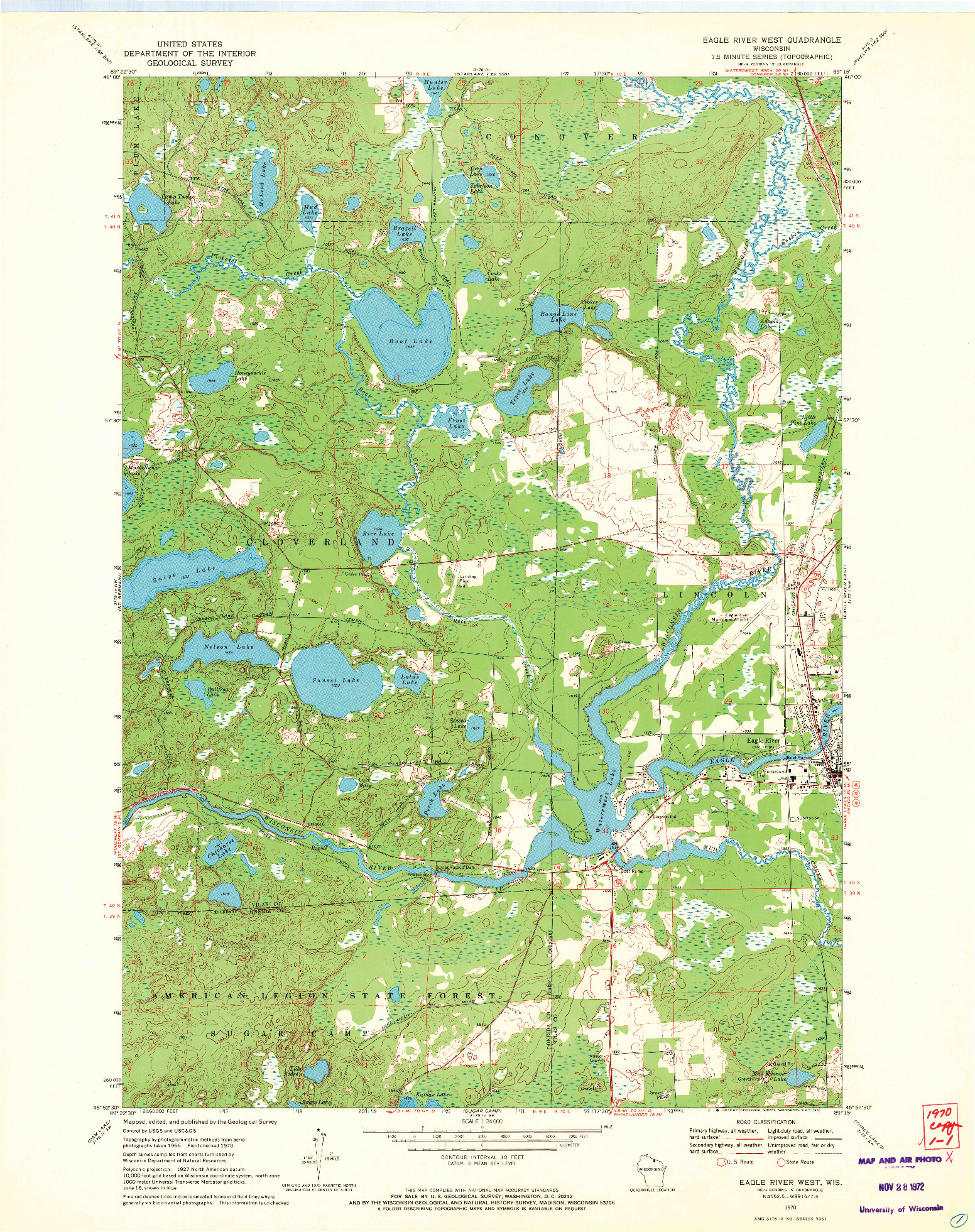 USGS 1:24000-SCALE QUADRANGLE FOR EAGLE RIVER WEST, WI 1970