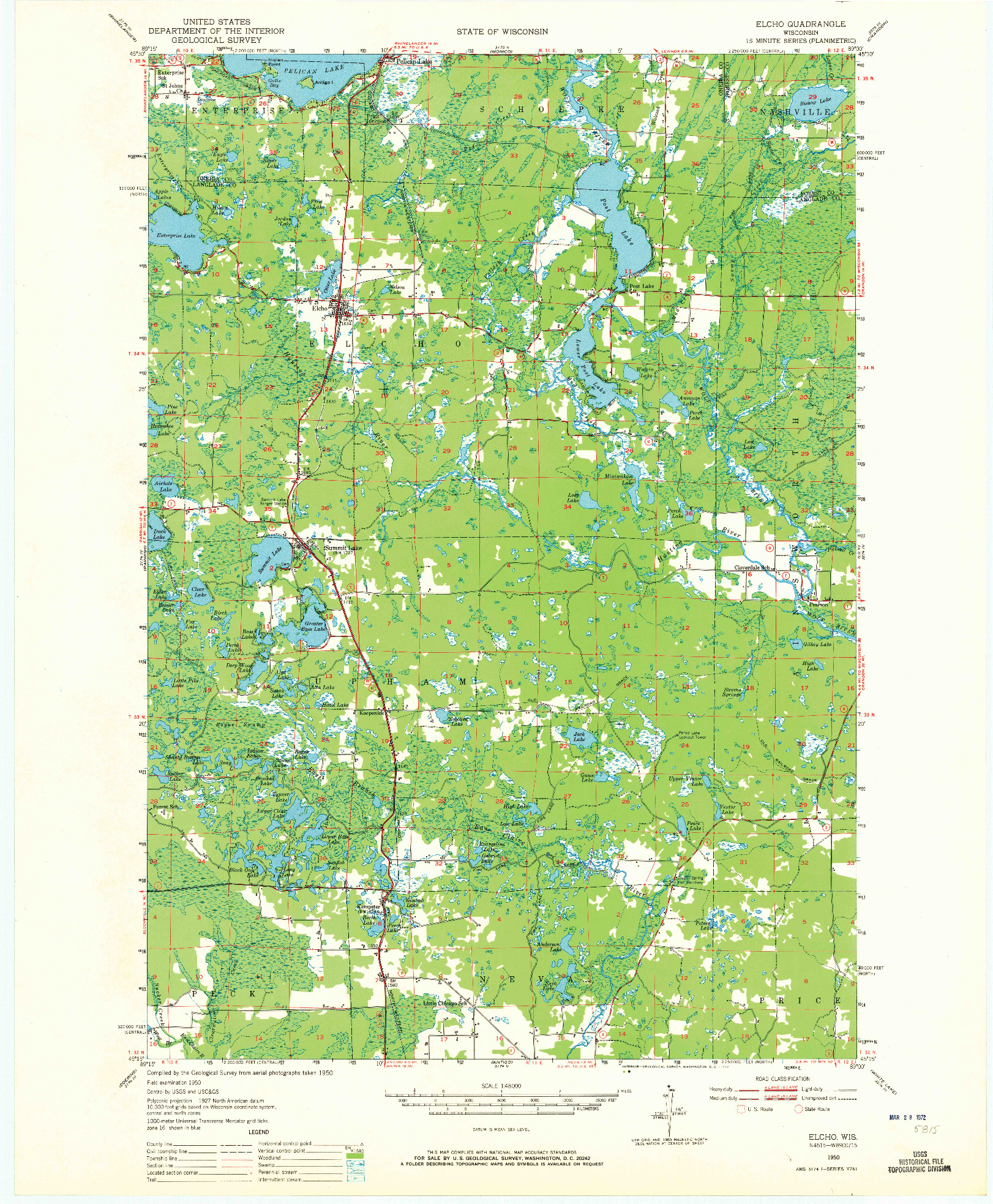 USGS 1:48000-SCALE QUADRANGLE FOR ELCHO, WI 1950