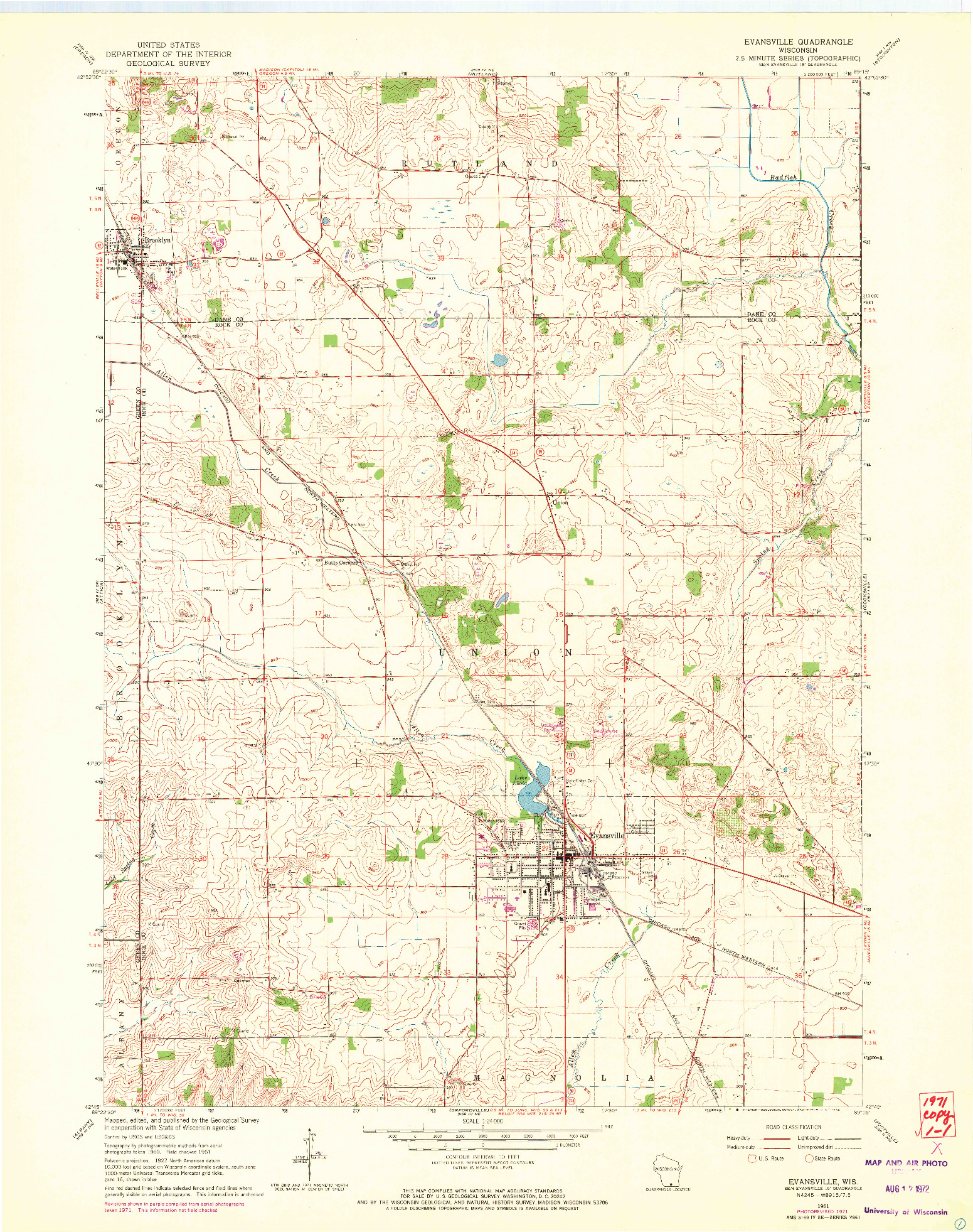 USGS 1:24000-SCALE QUADRANGLE FOR EVANSVILLE, WI 1961