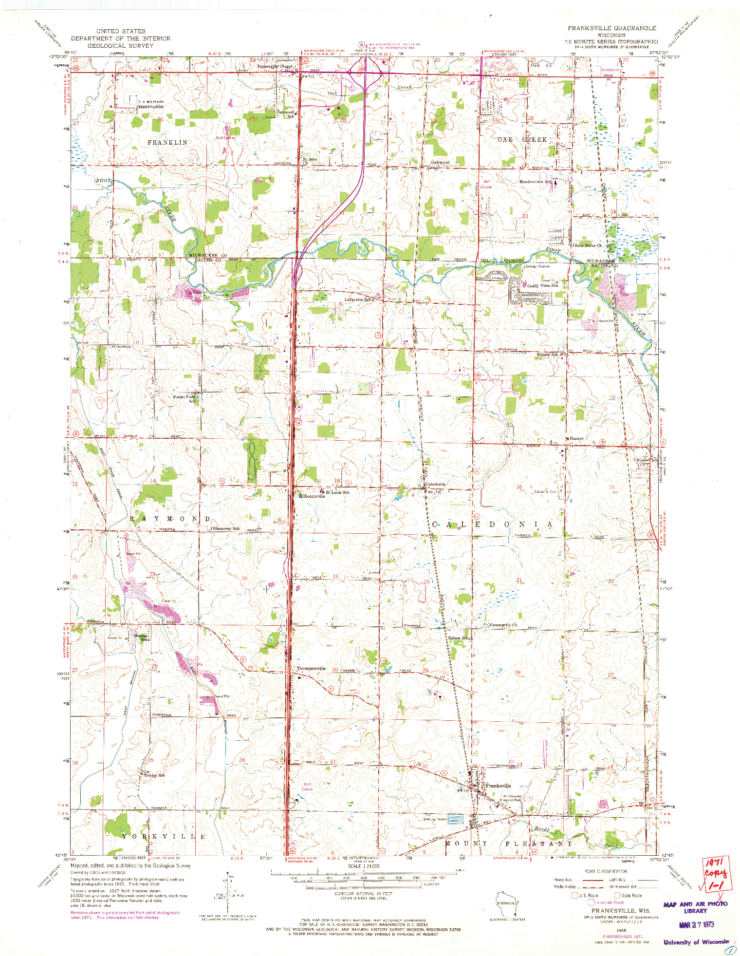 USGS 1:24000-SCALE QUADRANGLE FOR FRANKSVILLE, WI 1958