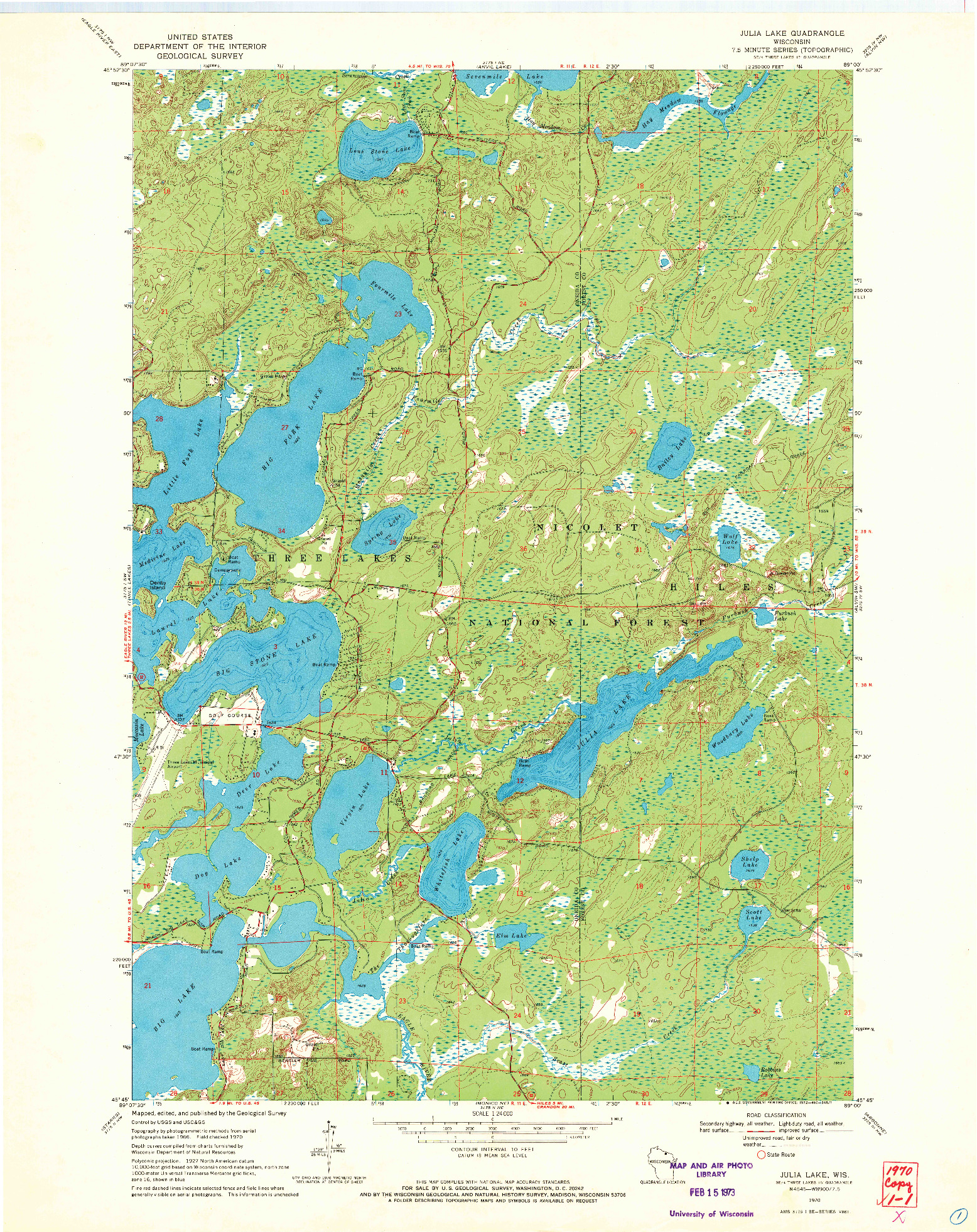 USGS 1:24000-SCALE QUADRANGLE FOR JULIA LAKE, WI 1970