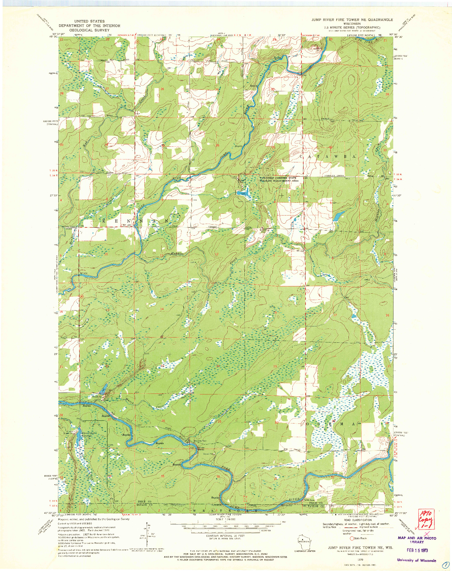 USGS 1:24000-SCALE QUADRANGLE FOR JUMP RIVER FIRE TOWER NE, WI 1970