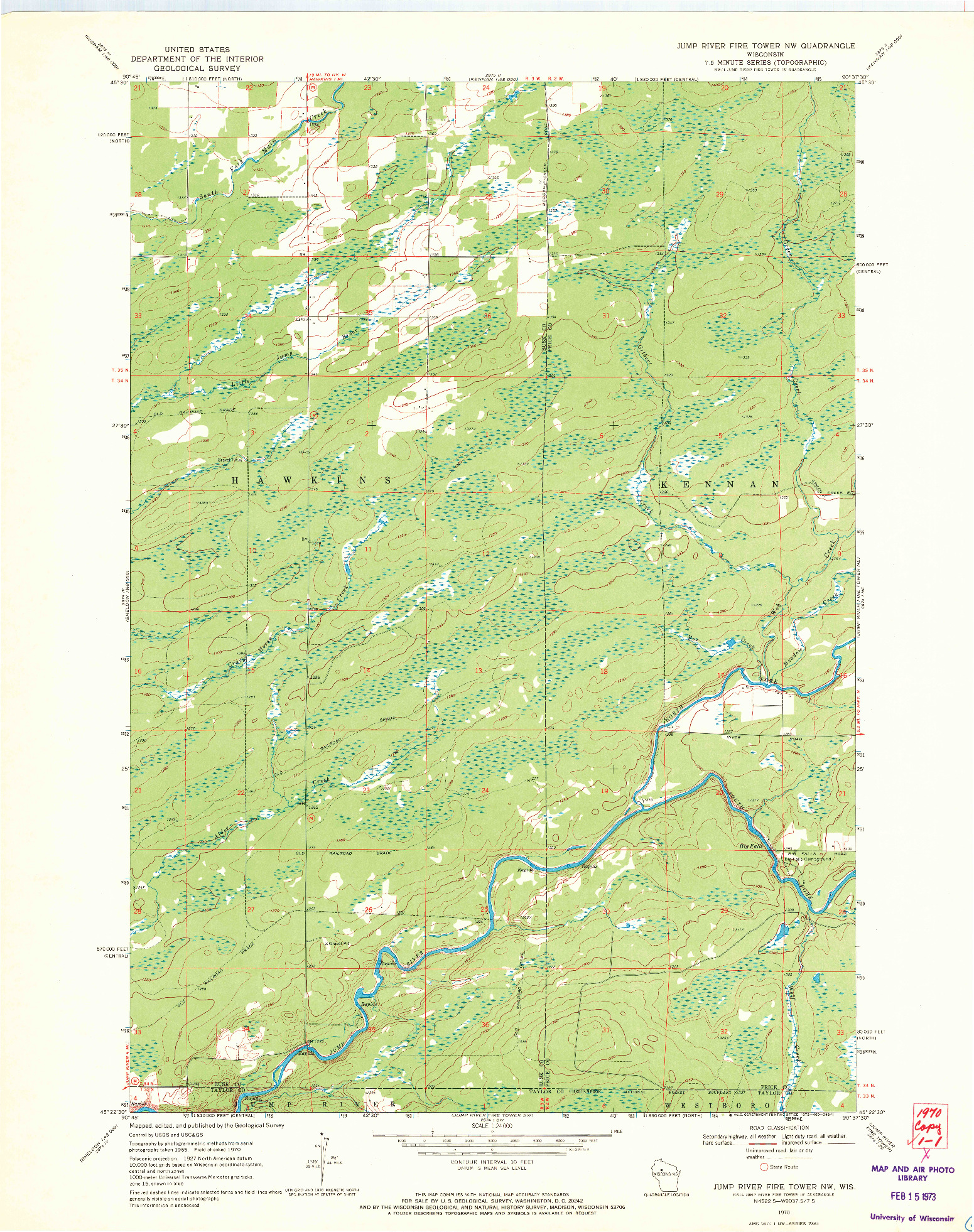 USGS 1:24000-SCALE QUADRANGLE FOR JUMP RIVER FIRE TOWER NW, WI 1970
