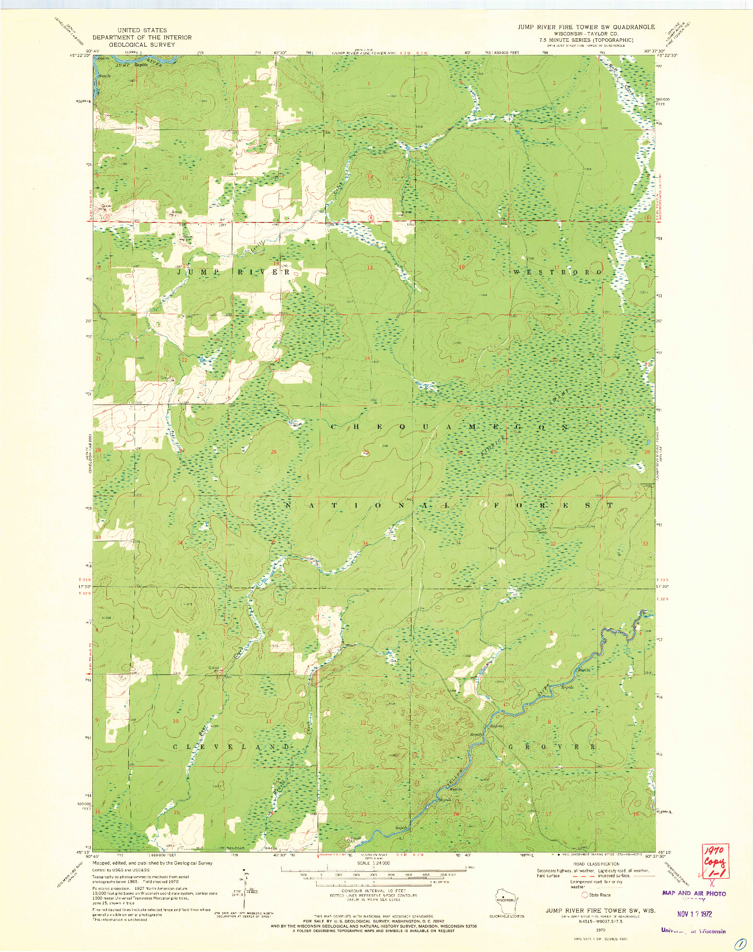 USGS 1:24000-SCALE QUADRANGLE FOR JUMP RIVER FIRE TOWER SW, WI 1970
