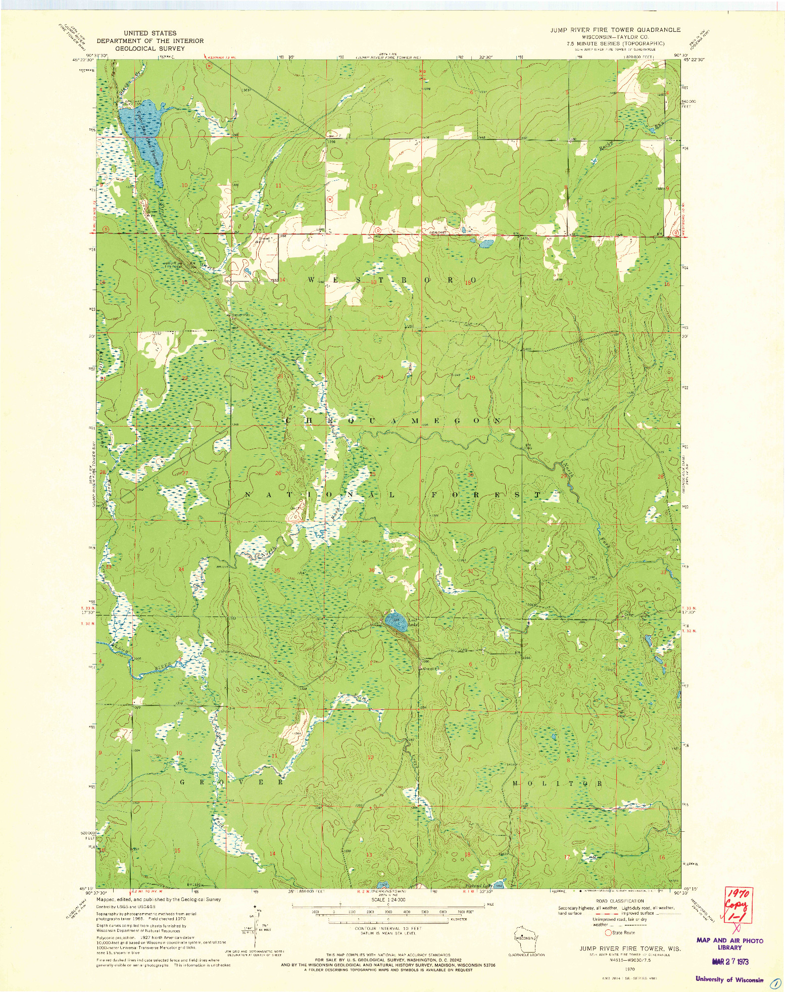 USGS 1:24000-SCALE QUADRANGLE FOR JUMP RIVER FIRE TOWER, WI 1970