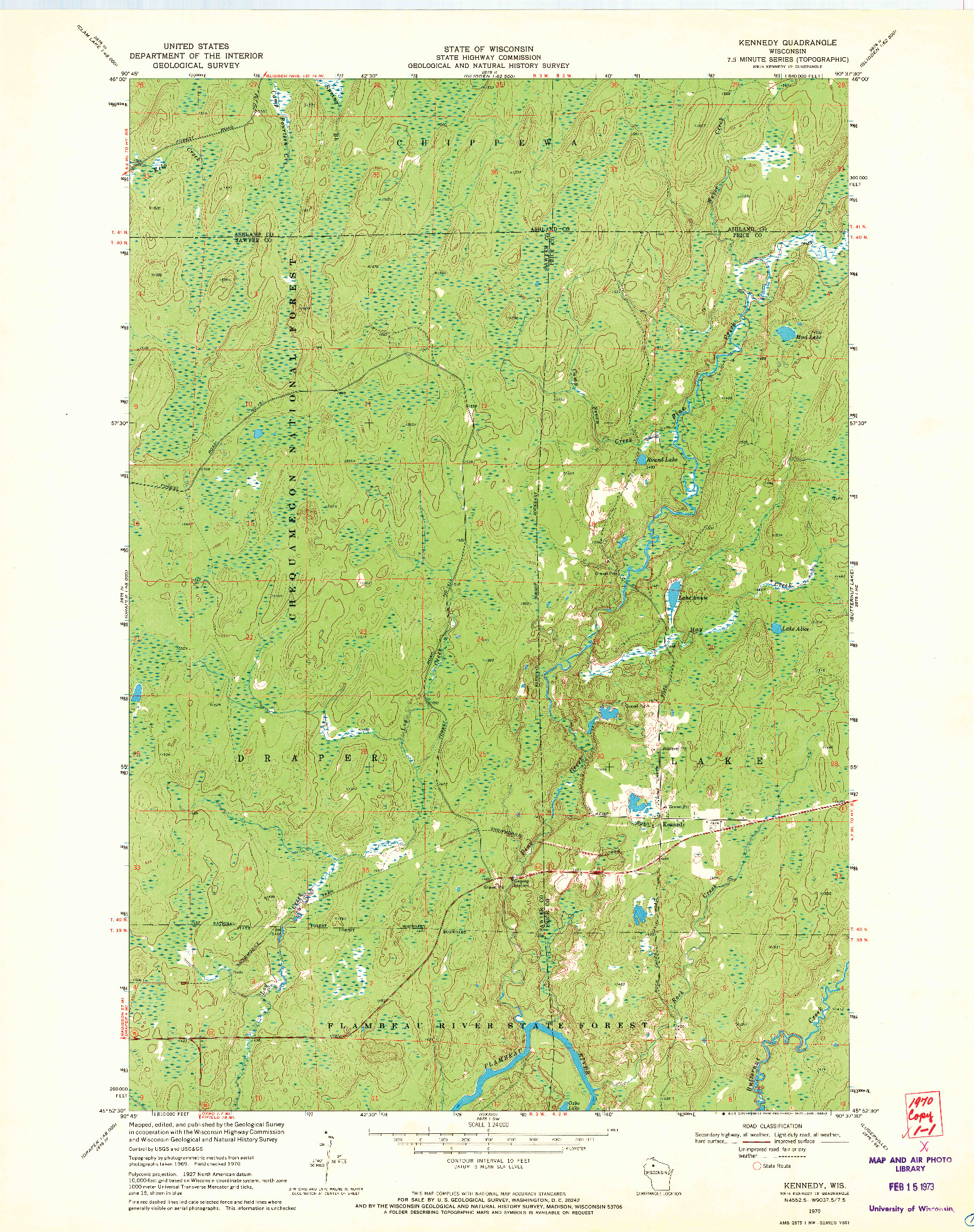 USGS 1:24000-SCALE QUADRANGLE FOR KENNEDY, WI 1970