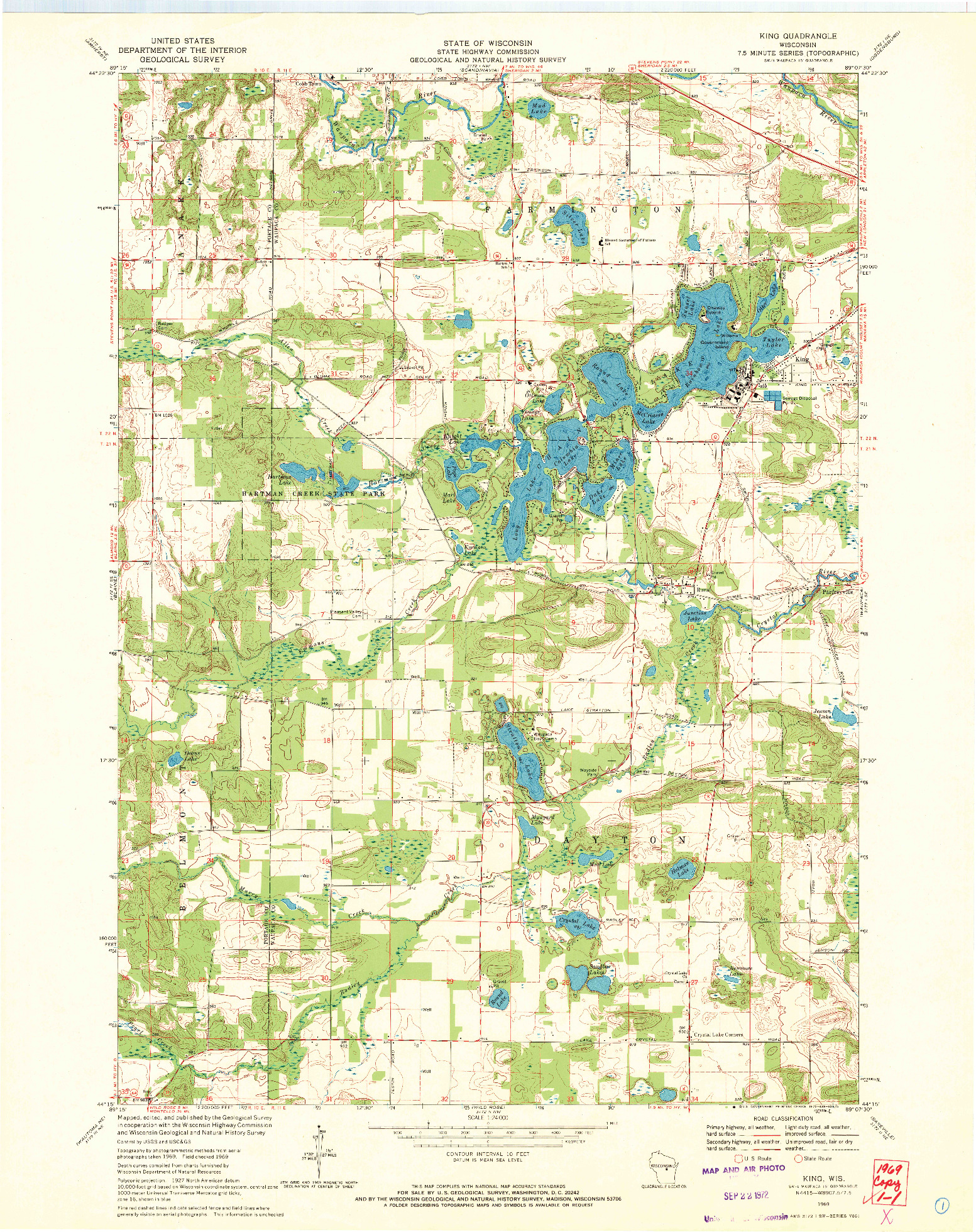 USGS 1:24000-SCALE QUADRANGLE FOR KING, WI 1969