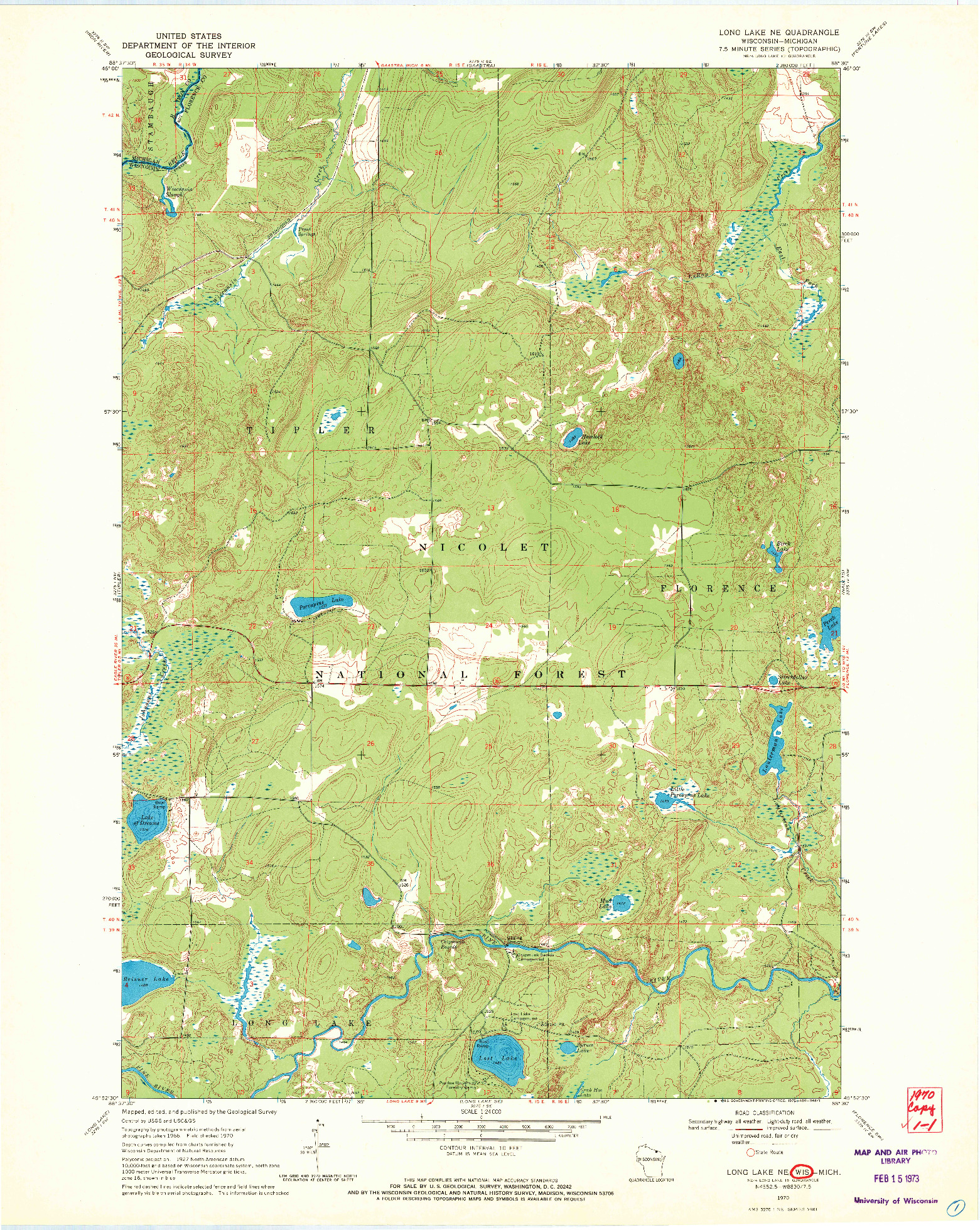 USGS 1:24000-SCALE QUADRANGLE FOR LONG LAKE NE, WI 1970