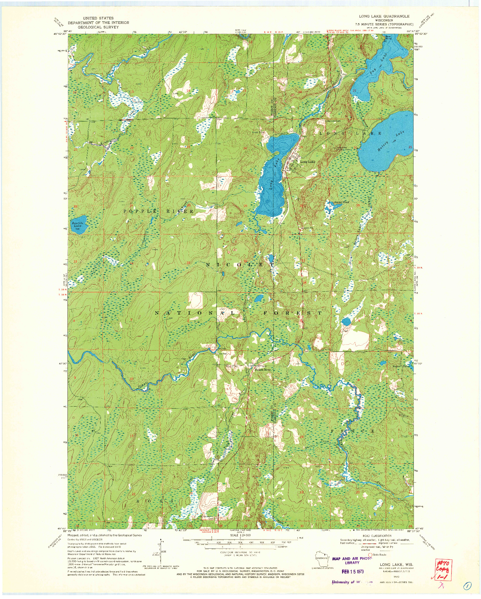 USGS 1:24000-SCALE QUADRANGLE FOR LONG LAKE, WI 1970