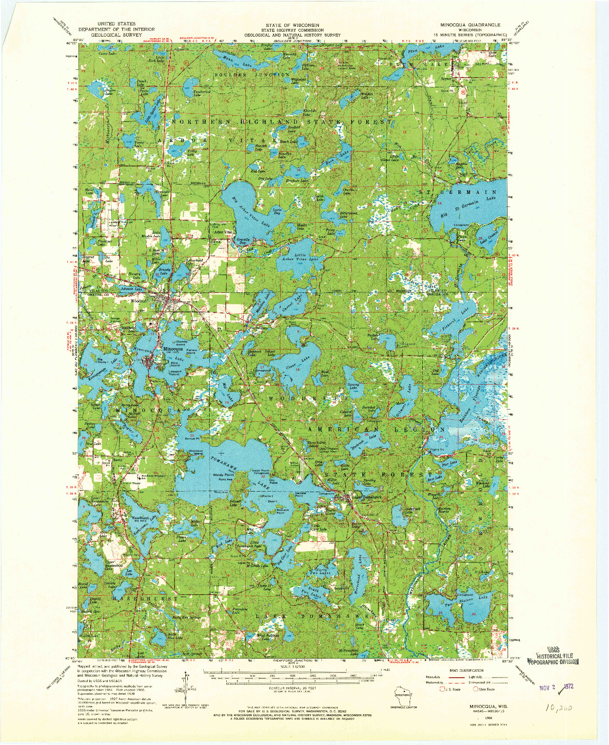 USGS 1:62500-SCALE QUADRANGLE FOR MINOCQUA, WI 1966