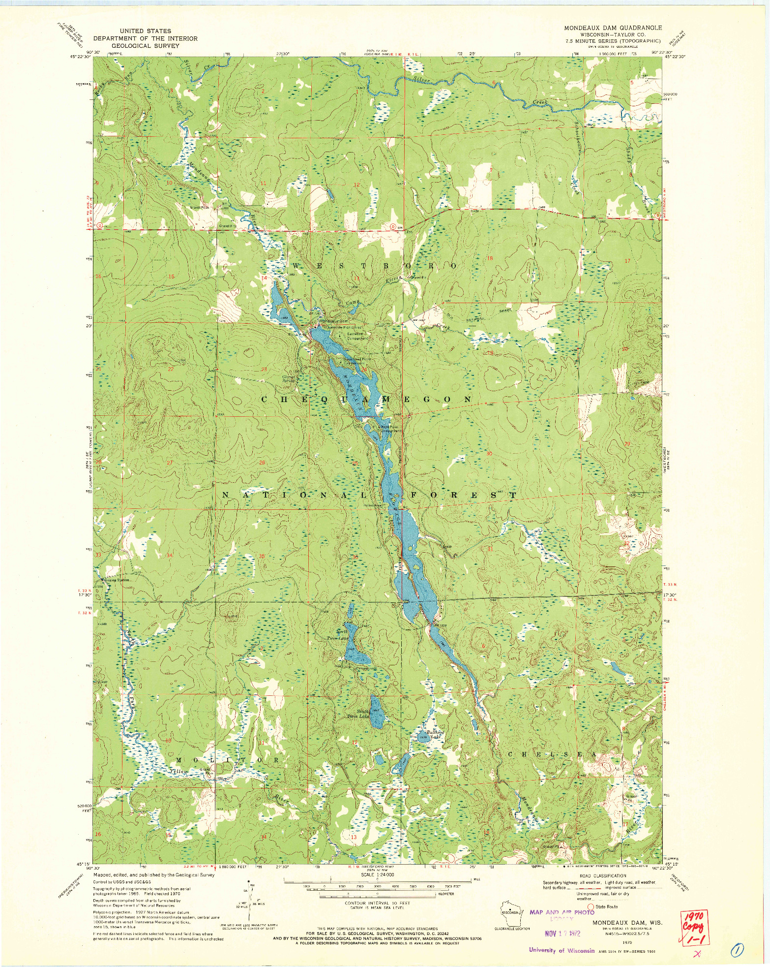 USGS 1:24000-SCALE QUADRANGLE FOR MONDEAUX DAM, WI 1970