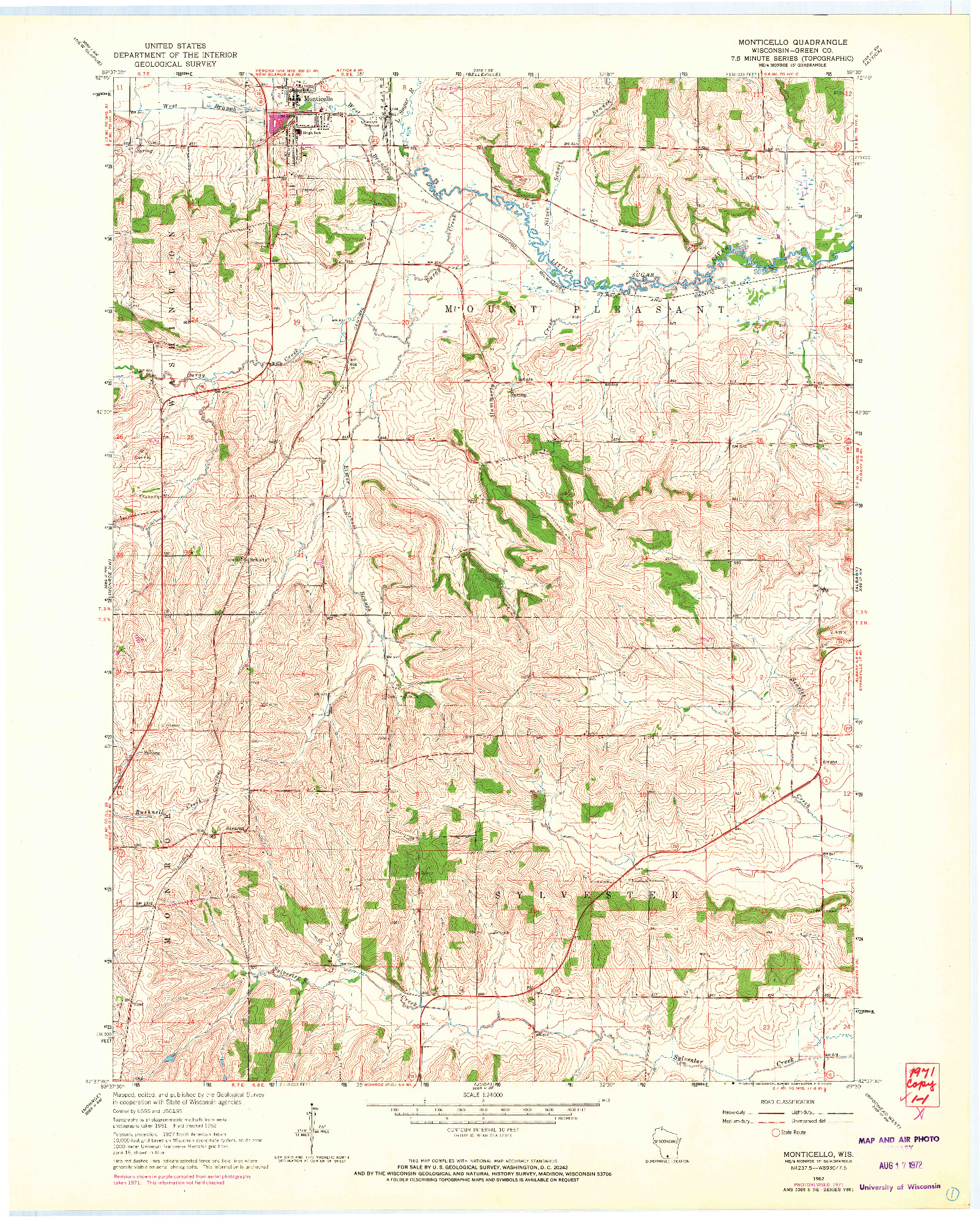 USGS 1:24000-SCALE QUADRANGLE FOR MONTICELLO, WI 1962