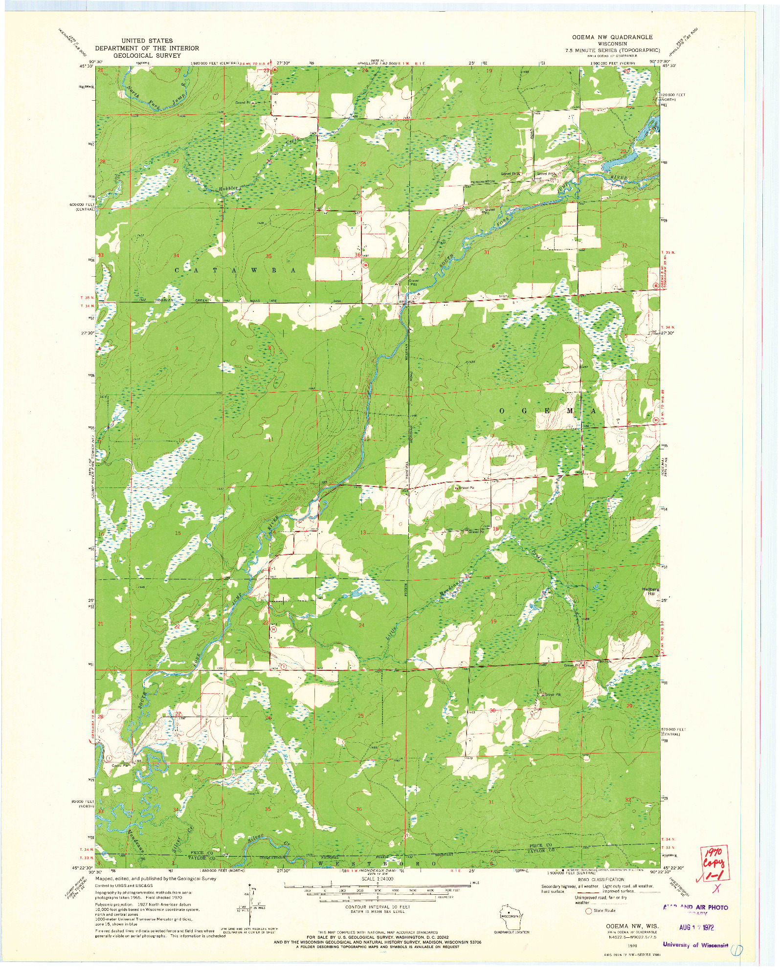 USGS 1:24000-SCALE QUADRANGLE FOR OGEMA NW, WI 1970
