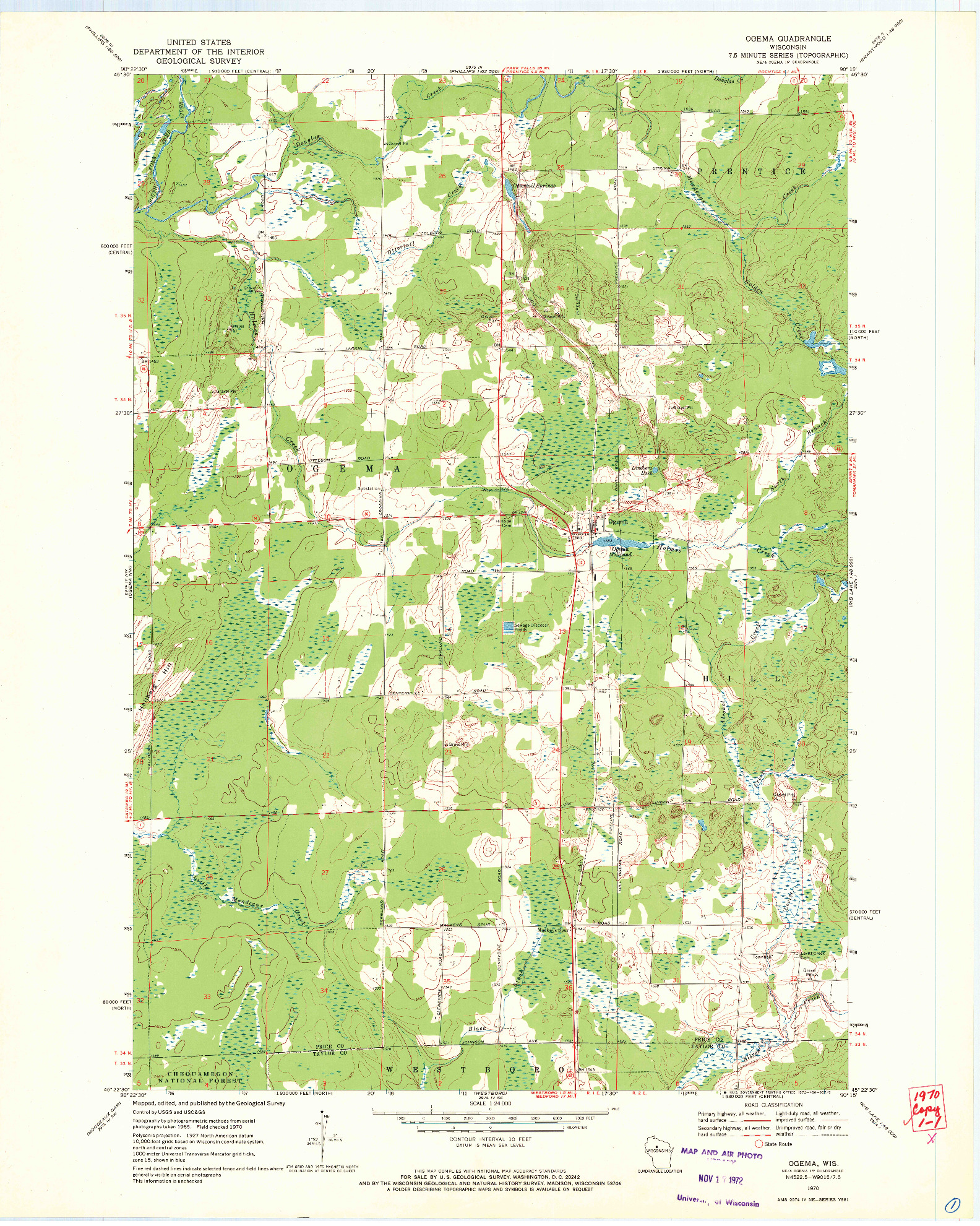 USGS 1:24000-SCALE QUADRANGLE FOR OGEMA, WI 1970