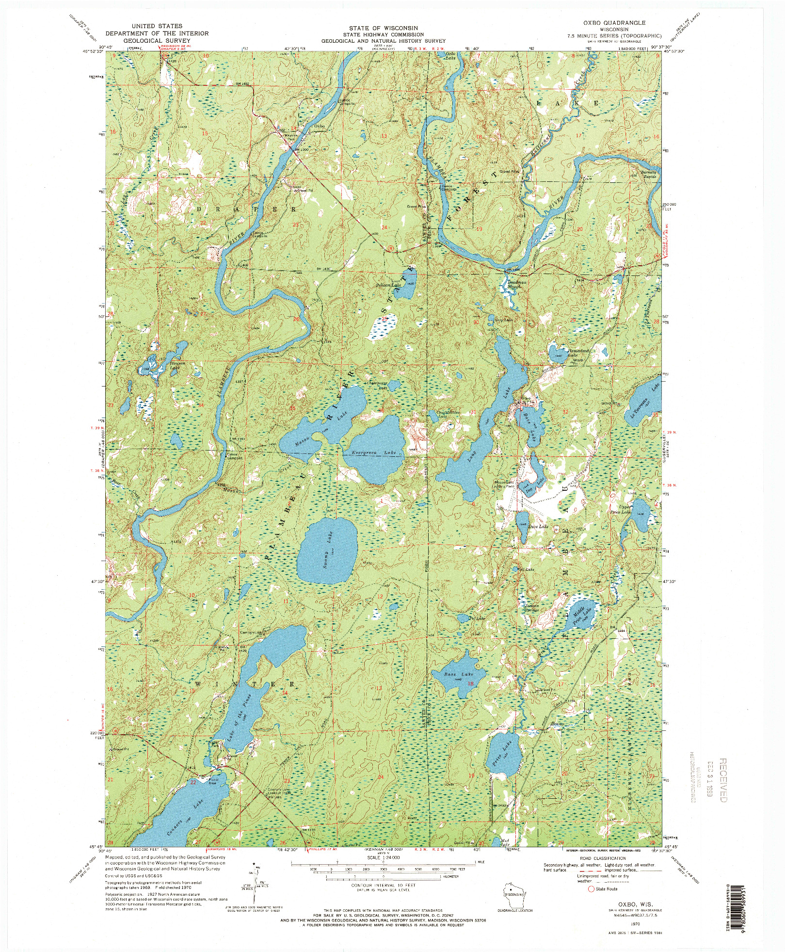 USGS 1:24000-SCALE QUADRANGLE FOR OXBO, WI 1970