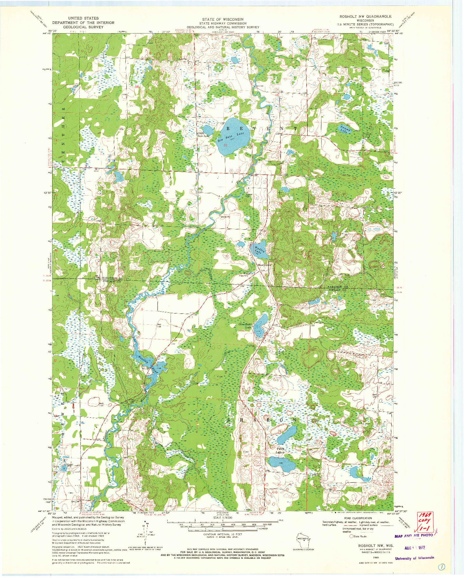 USGS 1:24000-SCALE QUADRANGLE FOR ROSHOLT NW, WI 1969