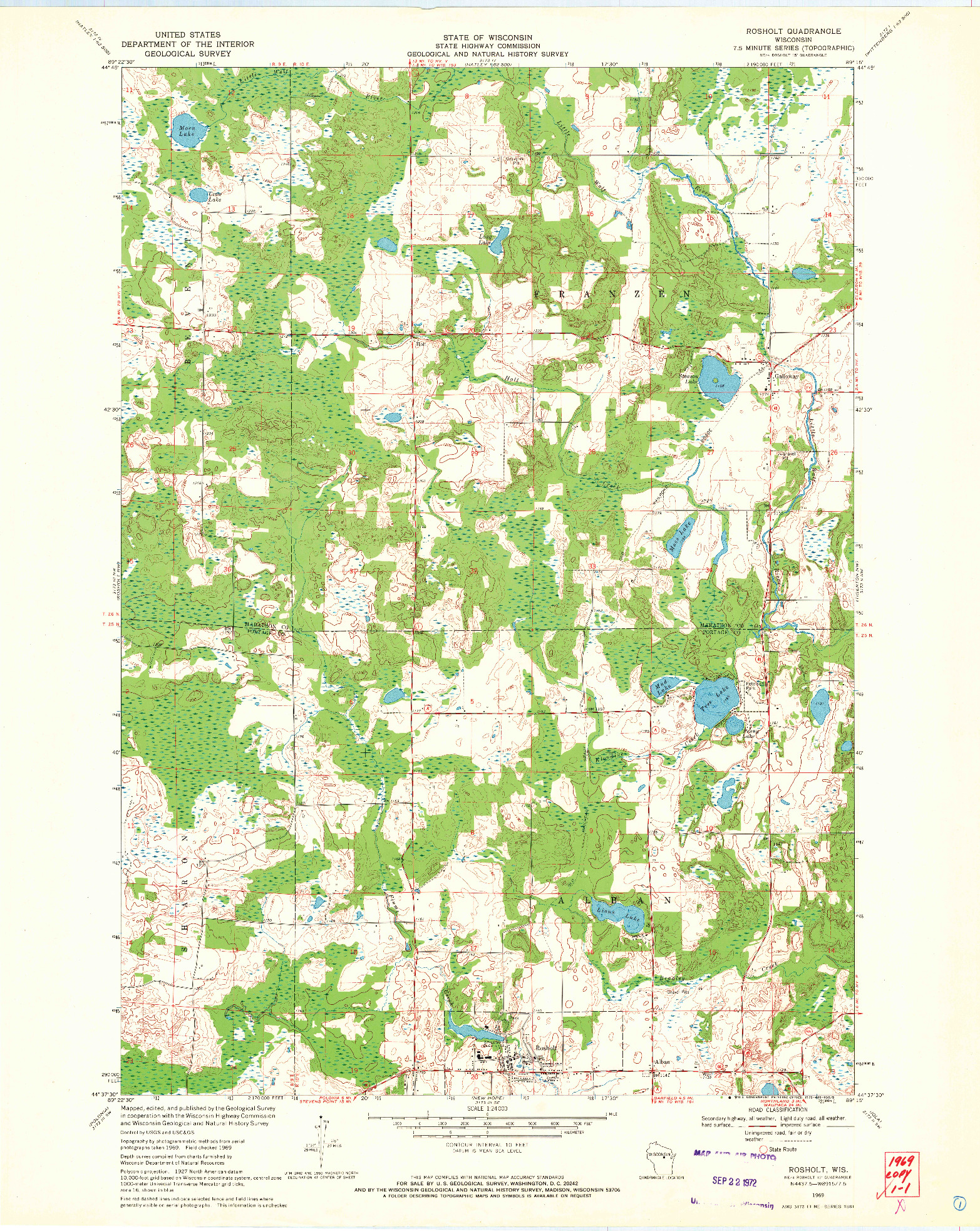 USGS 1:24000-SCALE QUADRANGLE FOR ROSHOLT, WI 1969