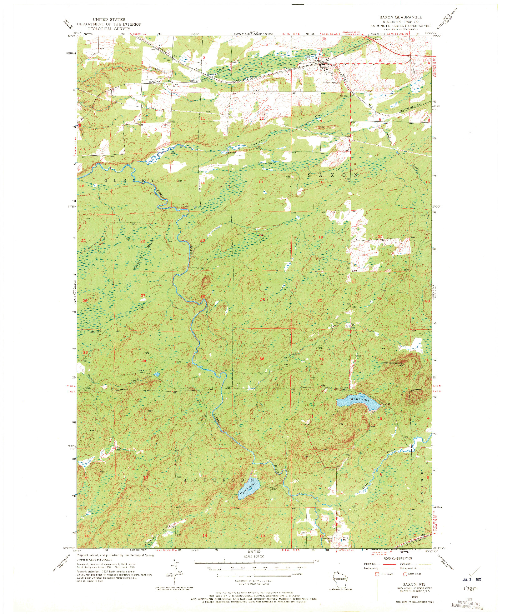 USGS 1:24000-SCALE QUADRANGLE FOR SAXON, WI 1956