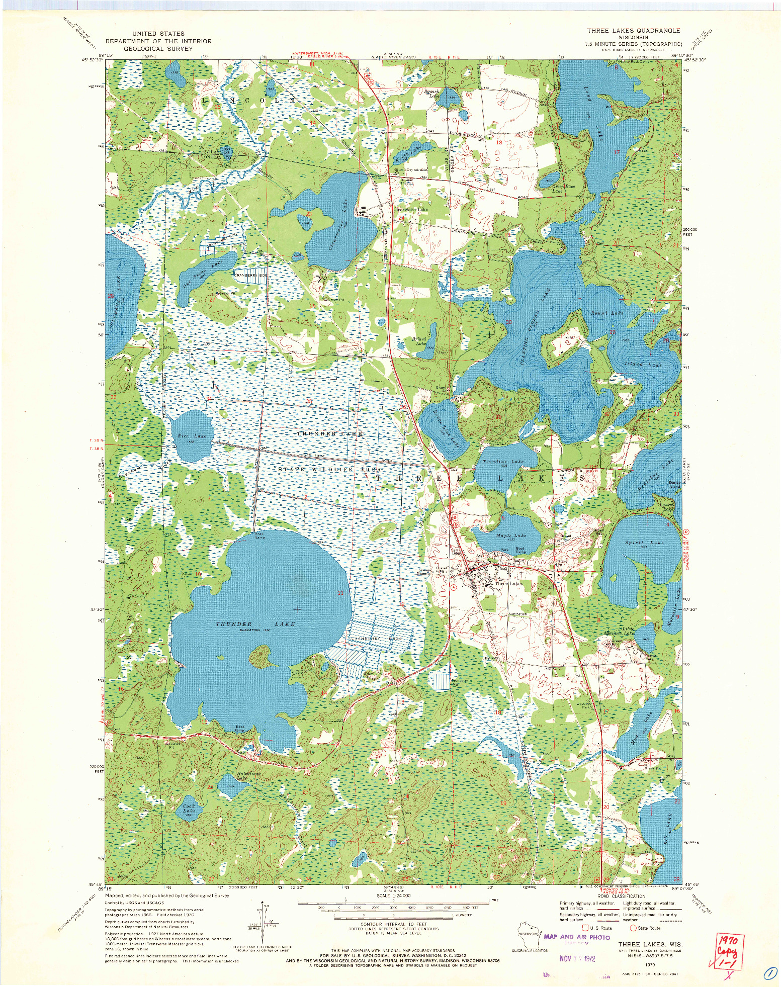 USGS 1:24000-SCALE QUADRANGLE FOR THREE LAKES, WI 1970