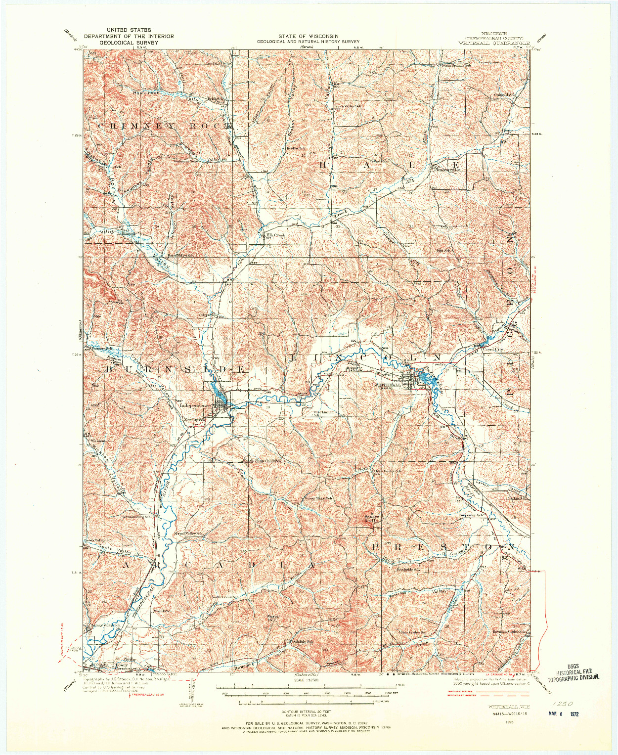 USGS 1:62500-SCALE QUADRANGLE FOR WHITEHALL, WI 1926