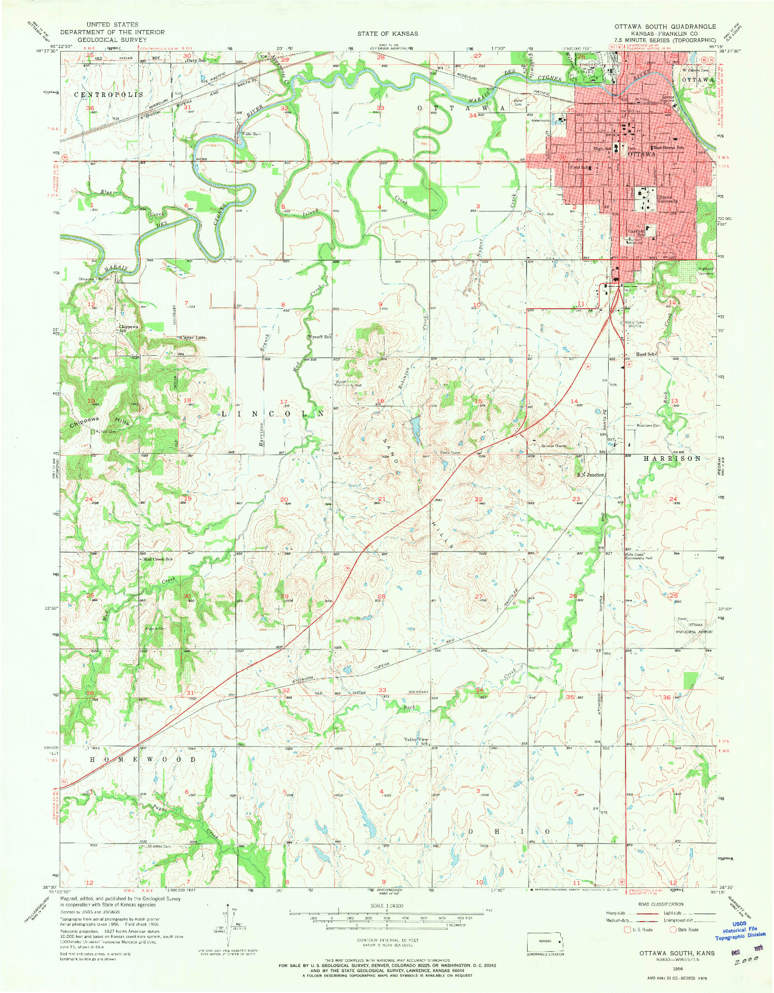 USGS 1:24000-SCALE QUADRANGLE FOR OTTAWA SOUTH, KS 1956