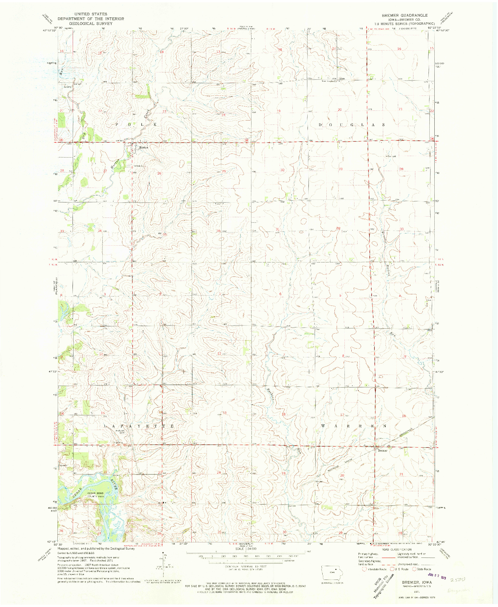 USGS 1:24000-SCALE QUADRANGLE FOR BREMER, IA 1971