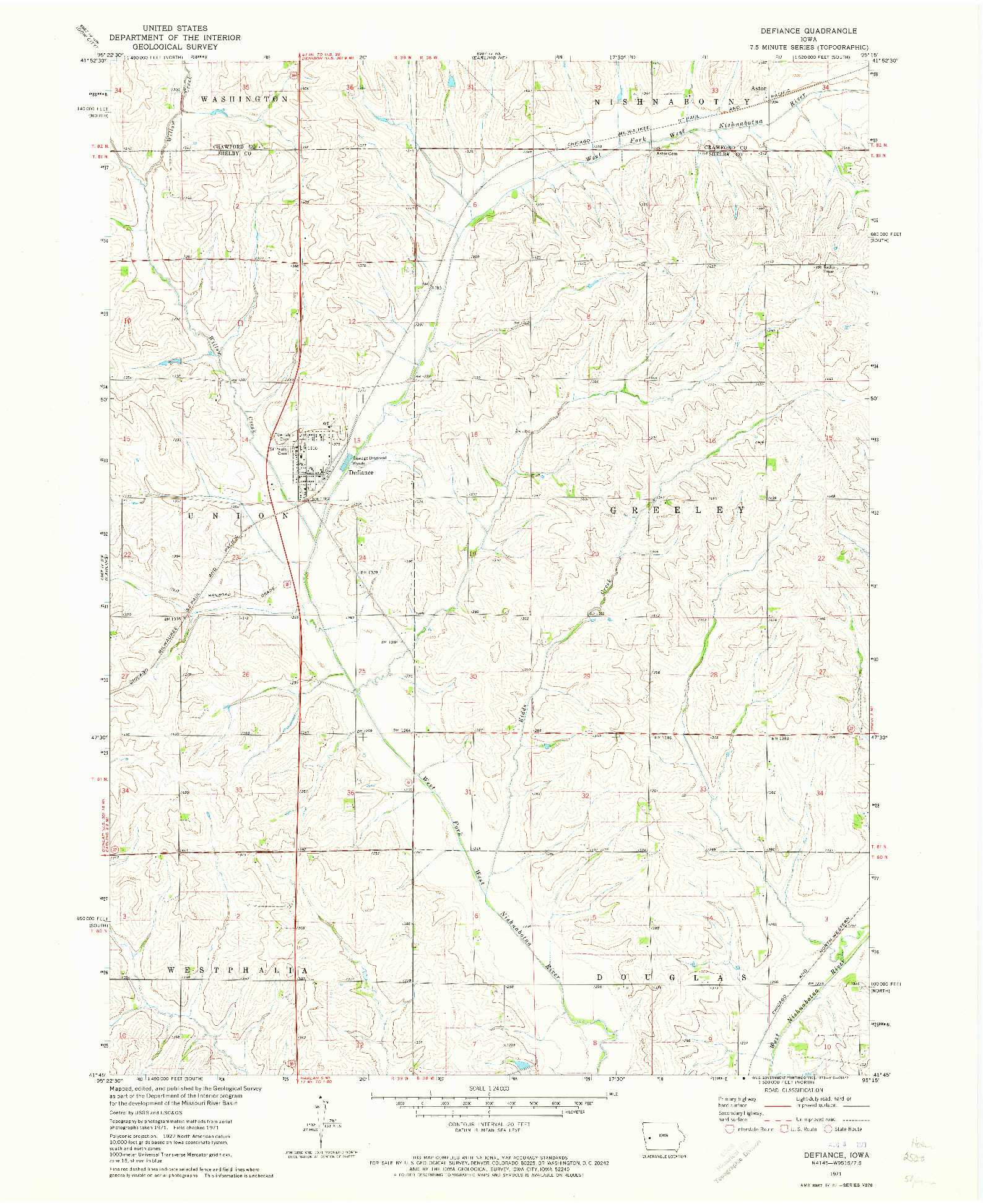 USGS 1:24000-SCALE QUADRANGLE FOR DEFIANCE, IA 1971