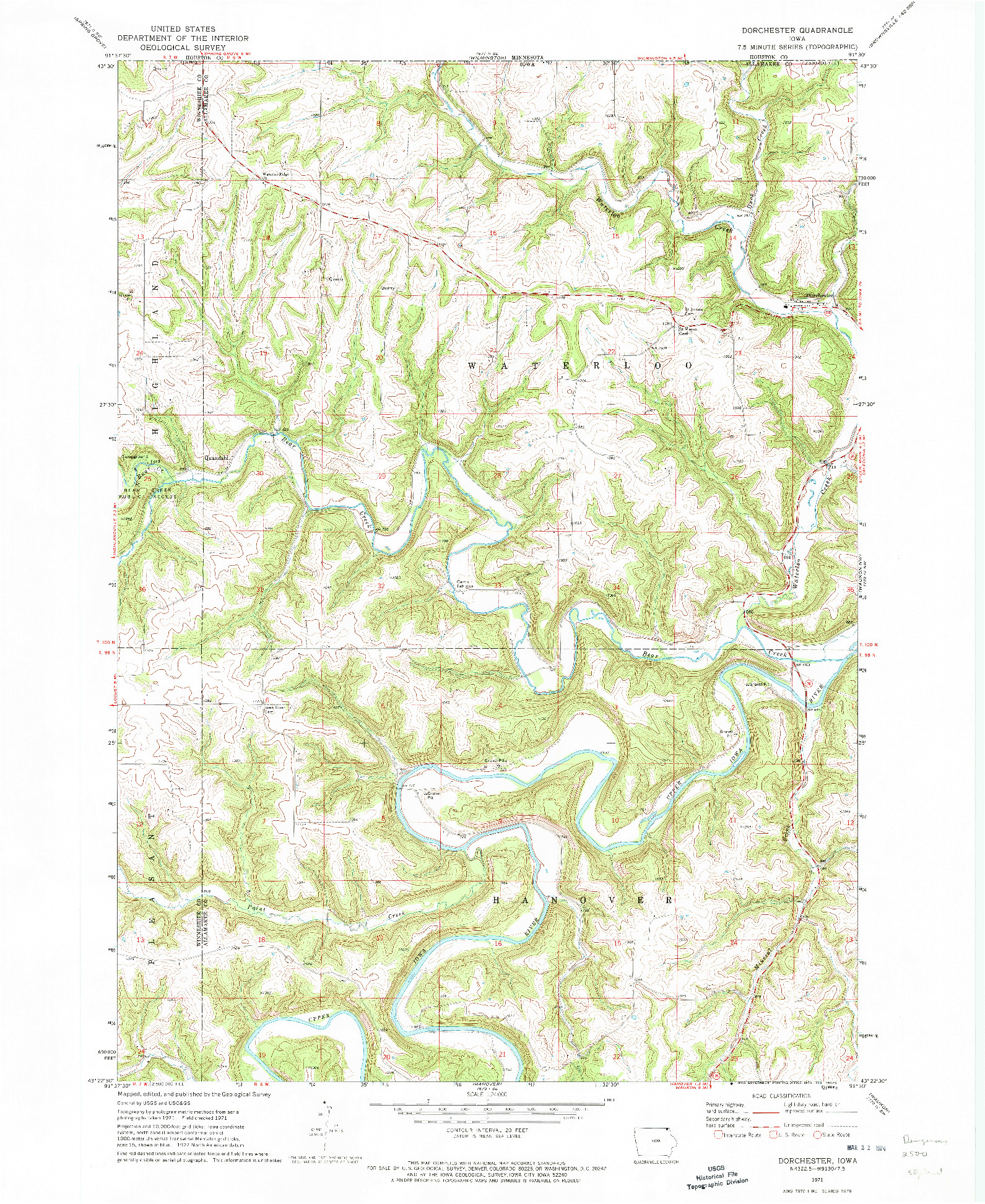 USGS 1:24000-SCALE QUADRANGLE FOR DORCHESTER, IA 1971