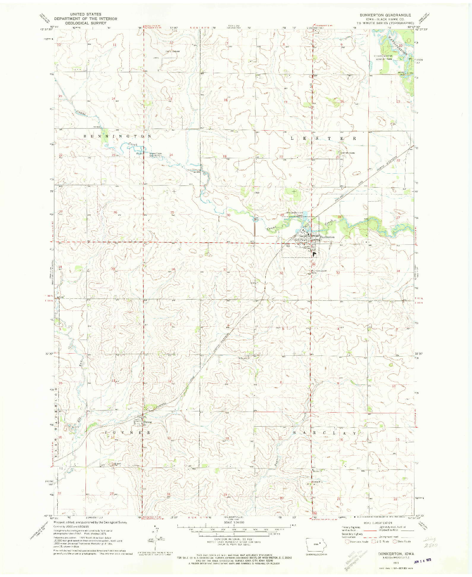 USGS 1:24000-SCALE QUADRANGLE FOR DUNKERTON, IA 1971