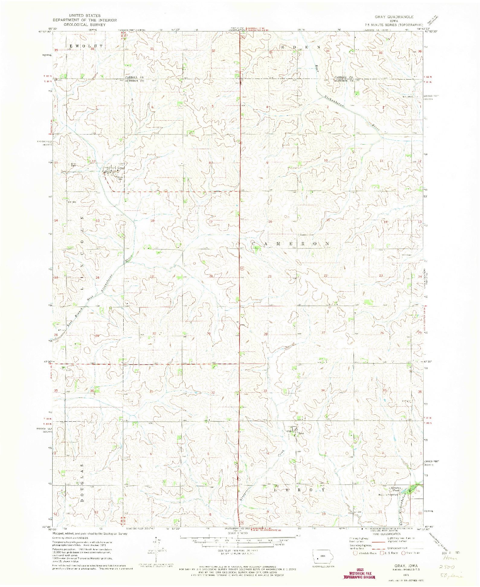 USGS 1:24000-SCALE QUADRANGLE FOR GRAY, IA 1971