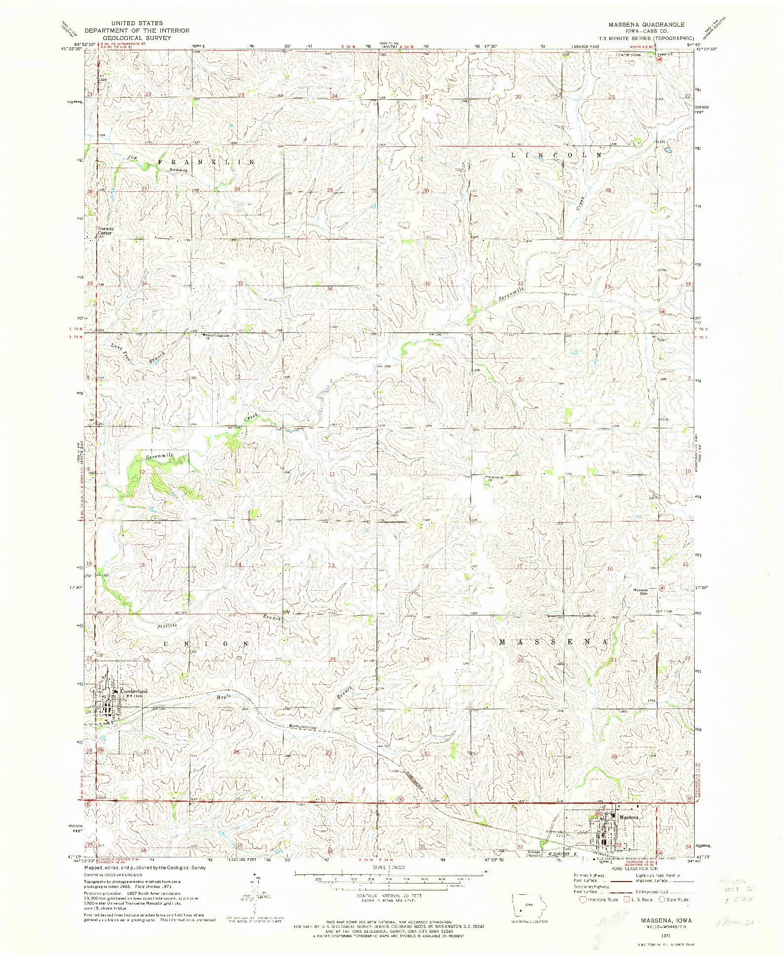 USGS 1:24000-SCALE QUADRANGLE FOR MASSENA, IA 1971