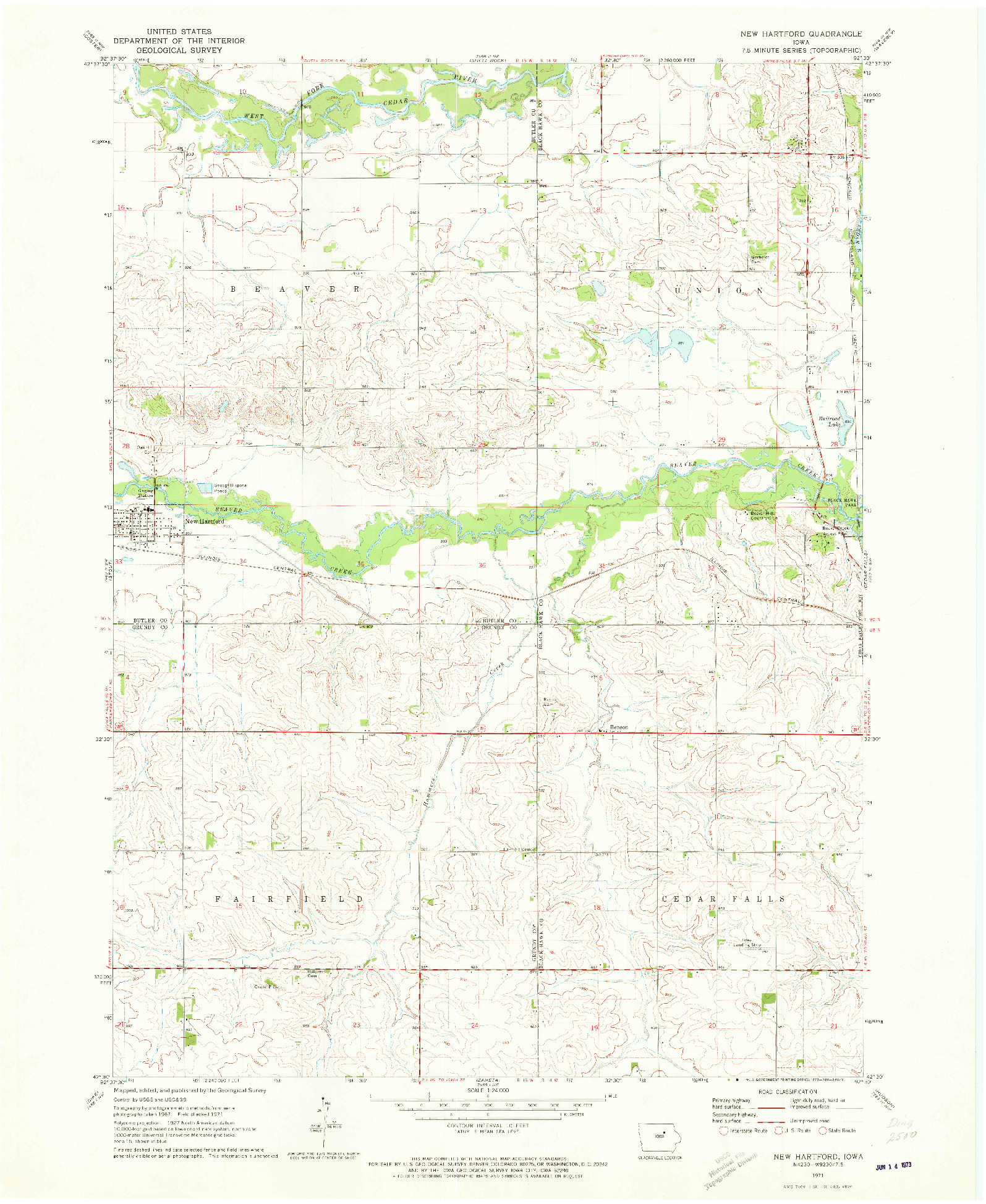USGS 1:24000-SCALE QUADRANGLE FOR NEW HARTFORD, IA 1971