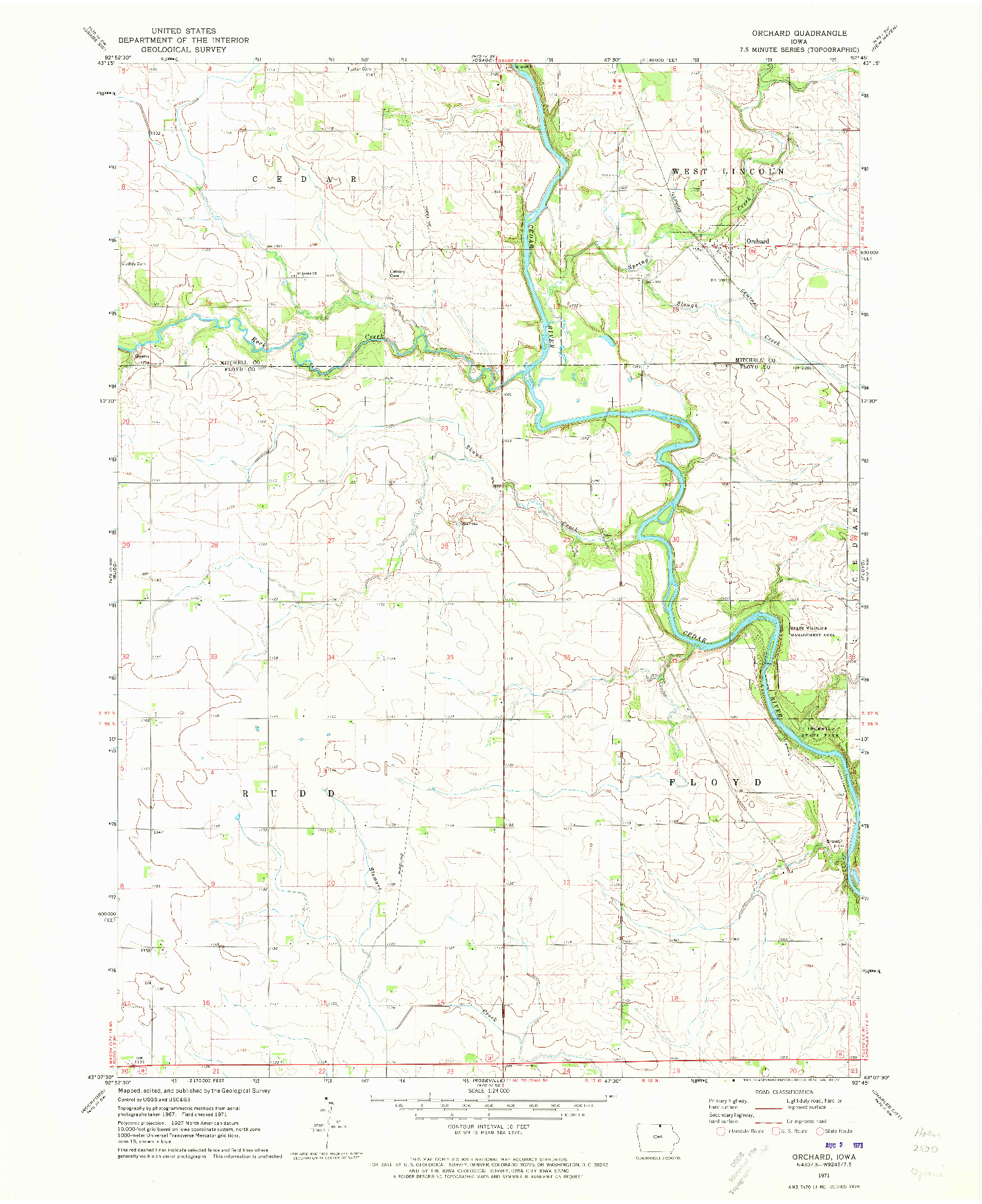 USGS 1:24000-SCALE QUADRANGLE FOR ORCHARD, IA 1971