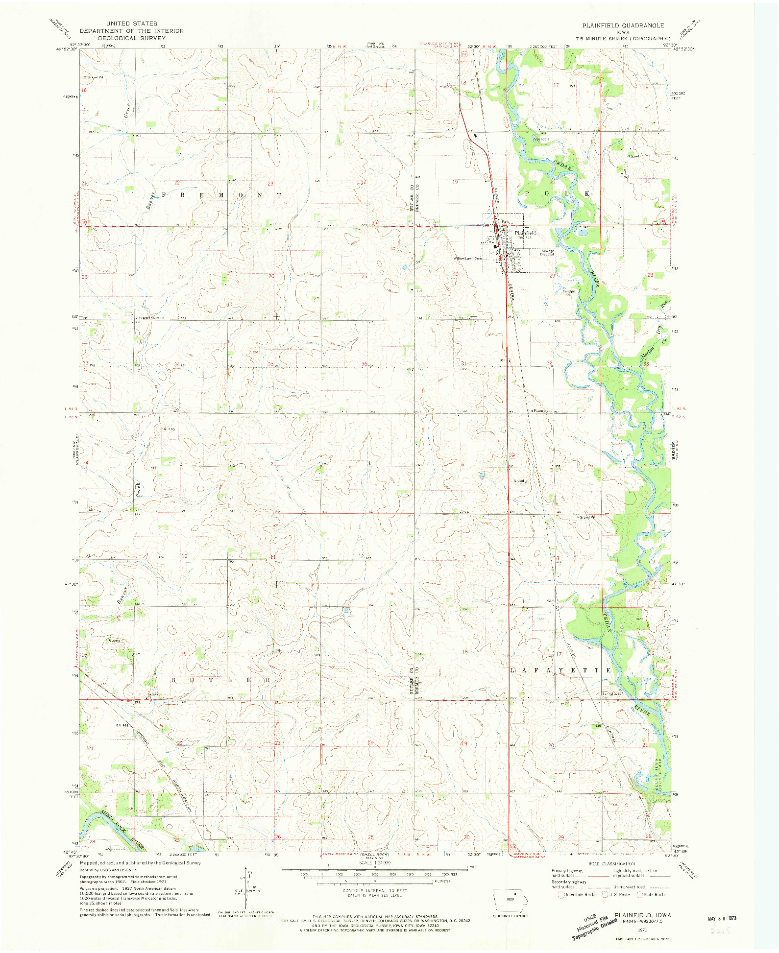 USGS 1:24000-SCALE QUADRANGLE FOR PLAINFIELD, IA 1971