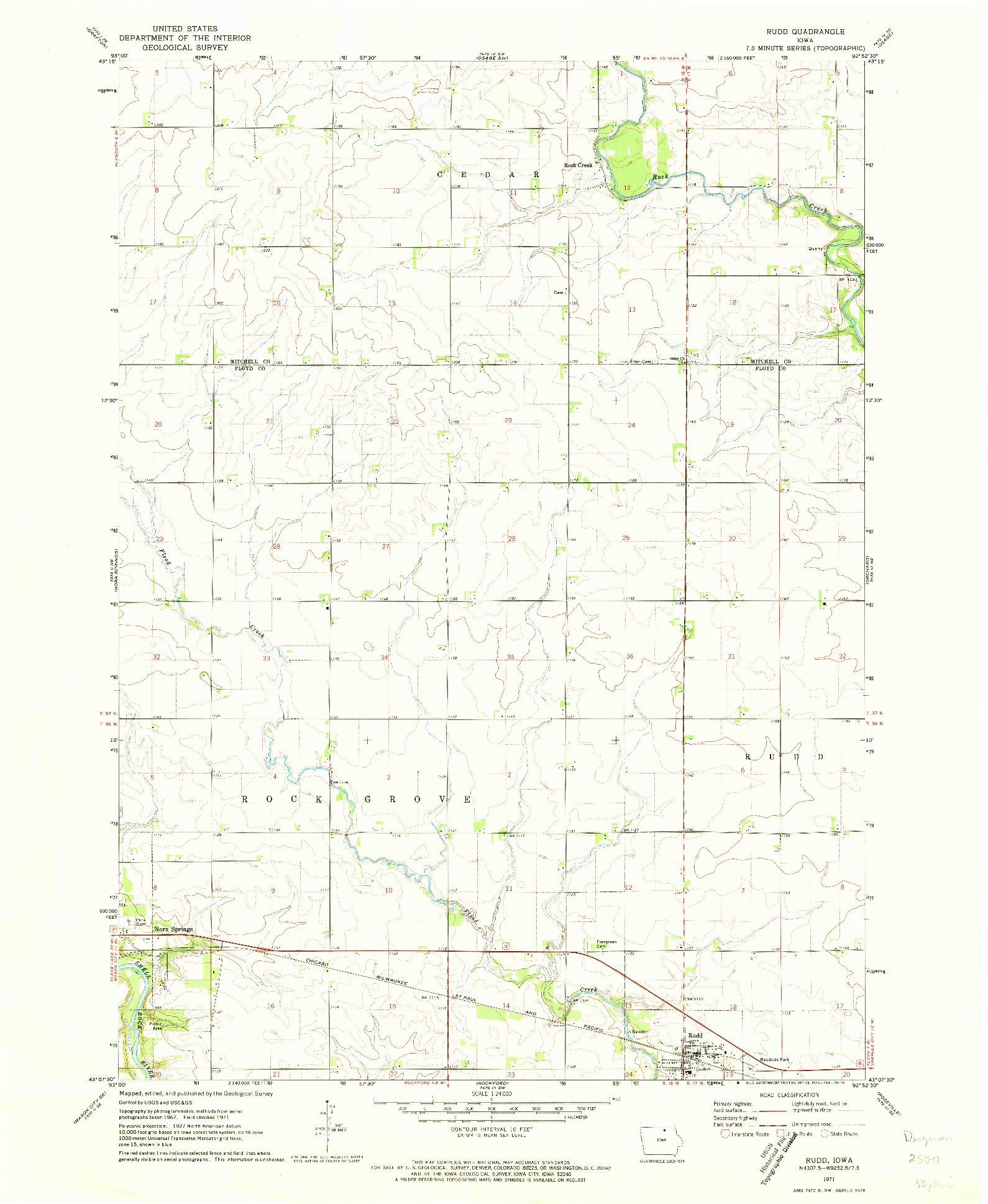 USGS 1:24000-SCALE QUADRANGLE FOR RUDD, IA 1971