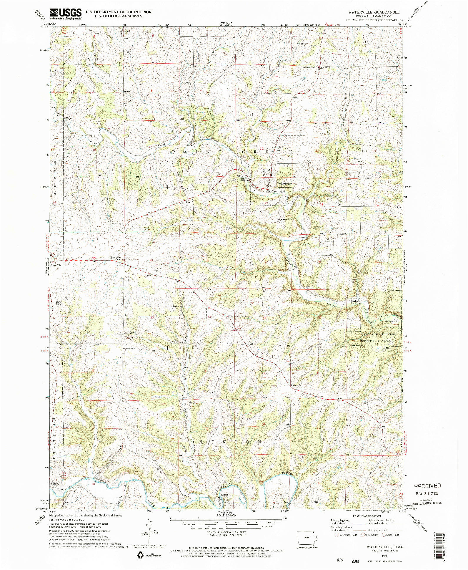 USGS 1:24000-SCALE QUADRANGLE FOR WATERVILLE, IA 1971