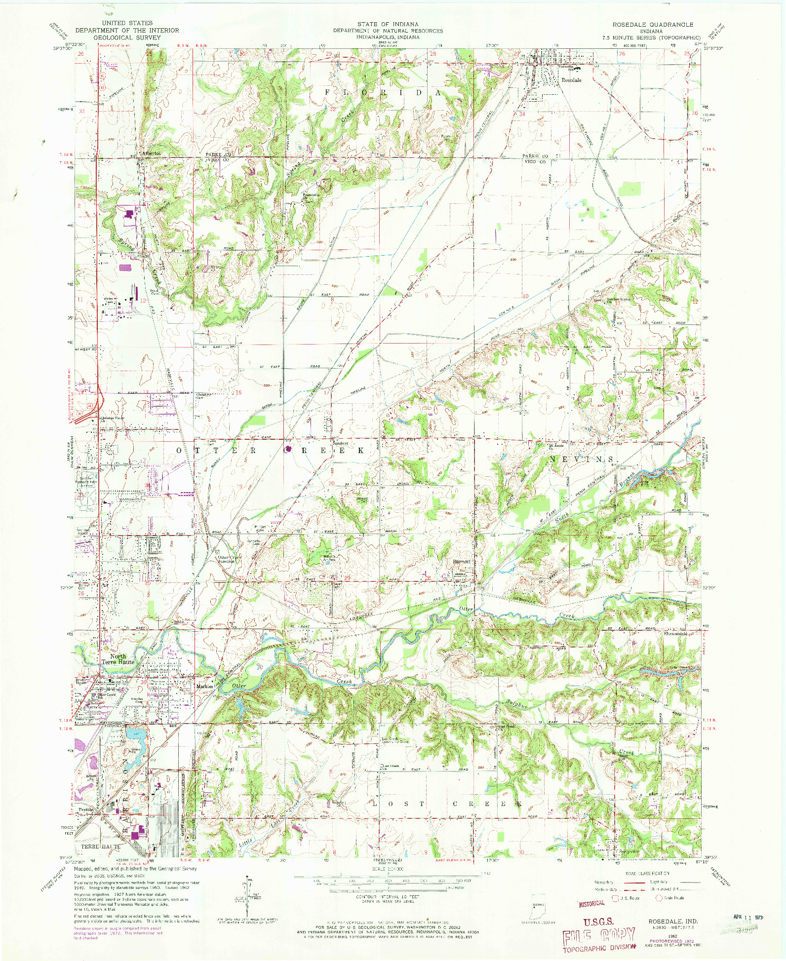 USGS 1:24000-SCALE QUADRANGLE FOR ROSEDALE, IN 1962