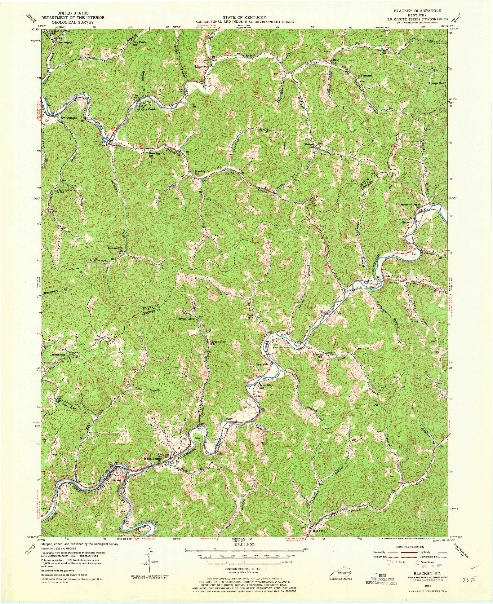 USGS 1:24000-SCALE QUADRANGLE FOR BLACKEY, KY 1954