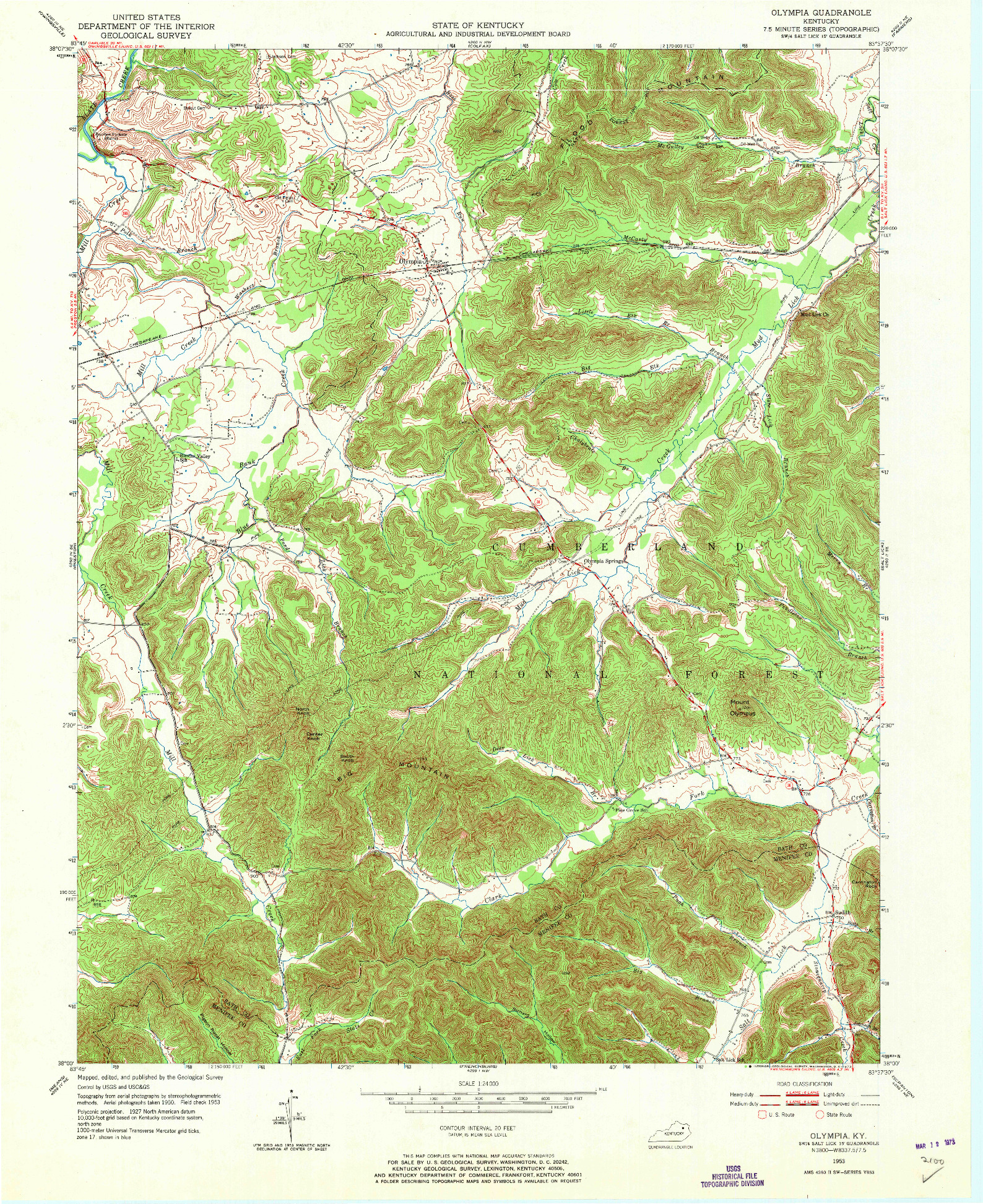USGS 1:24000-SCALE QUADRANGLE FOR OLYMPIA, KY 1953