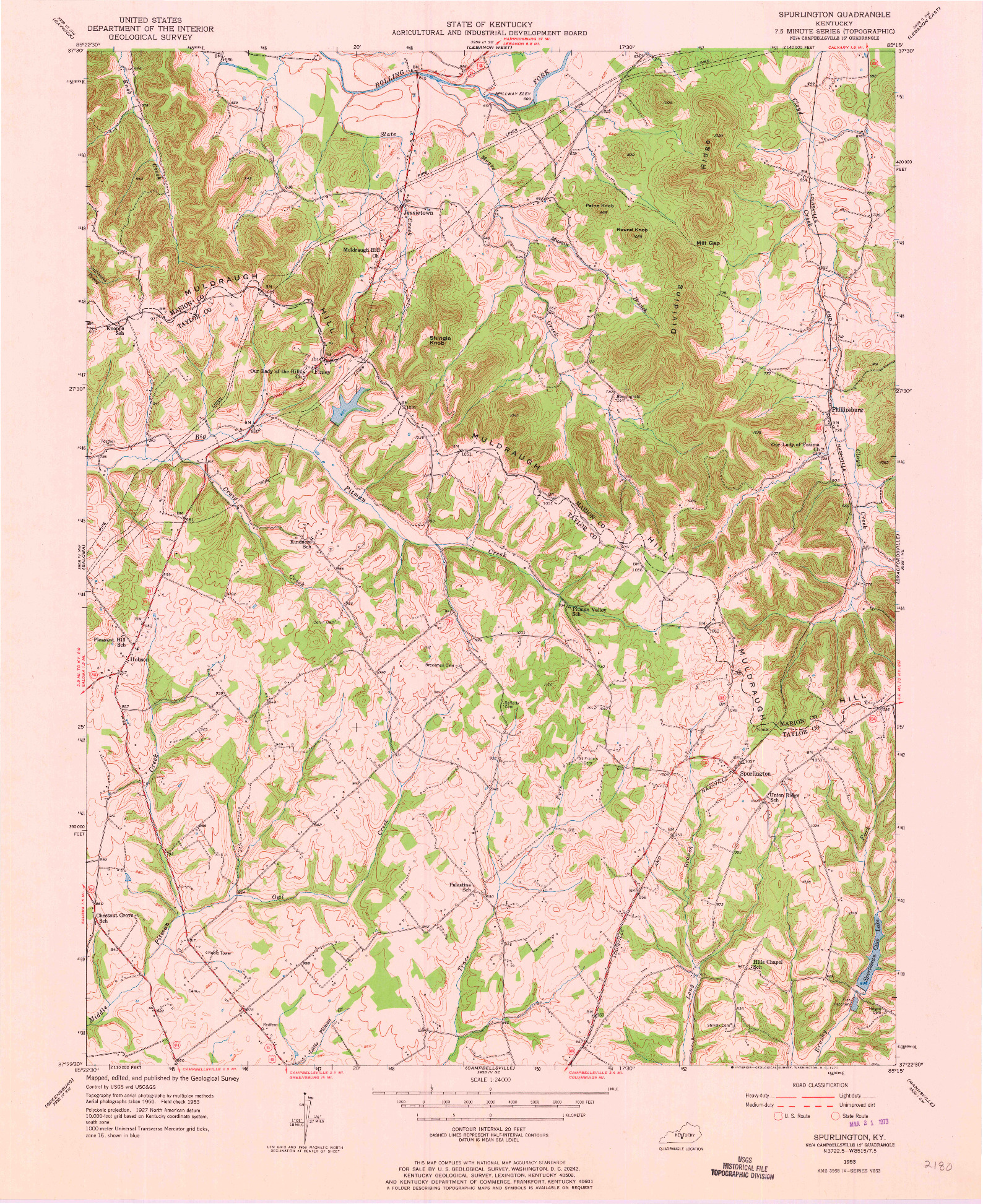 USGS 1:24000-SCALE QUADRANGLE FOR SPURLINGTON, KY 1953